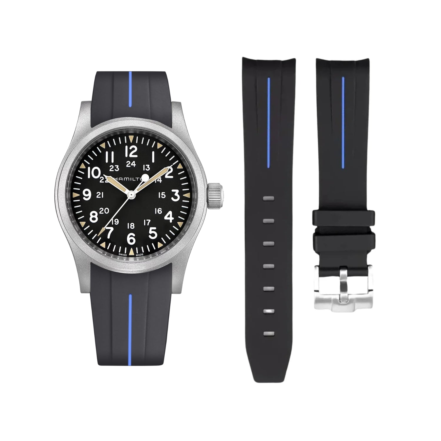 سوار مطاطي Black/Blue LuxLine® لساعة Hamilton Khaki Field – مقاسات 38mm/40mm/42mm