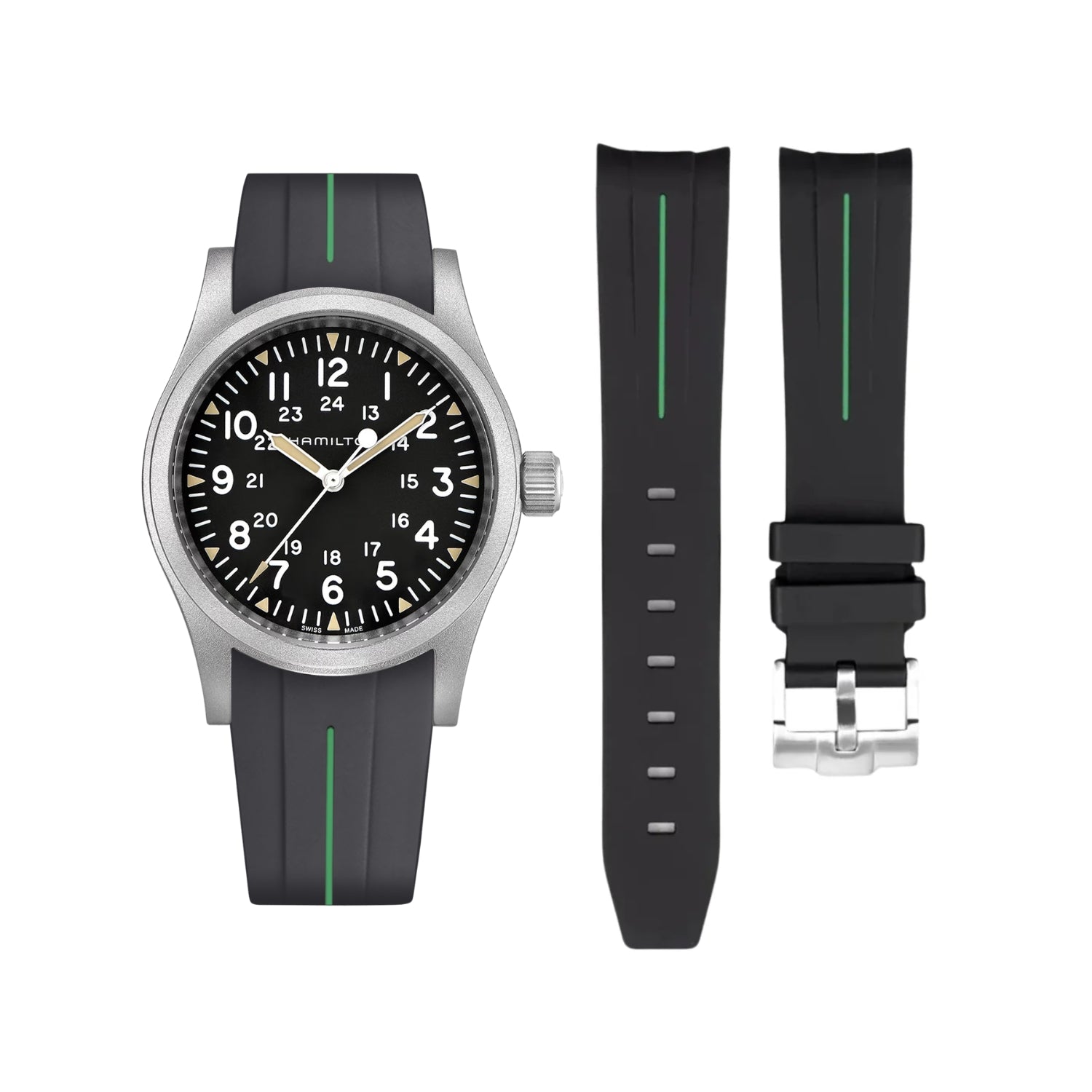 سوار مطاطي Black/Green LuxLine® لساعة Hamilton Khaki Field – مقاسات 38mm/40mm/42mm