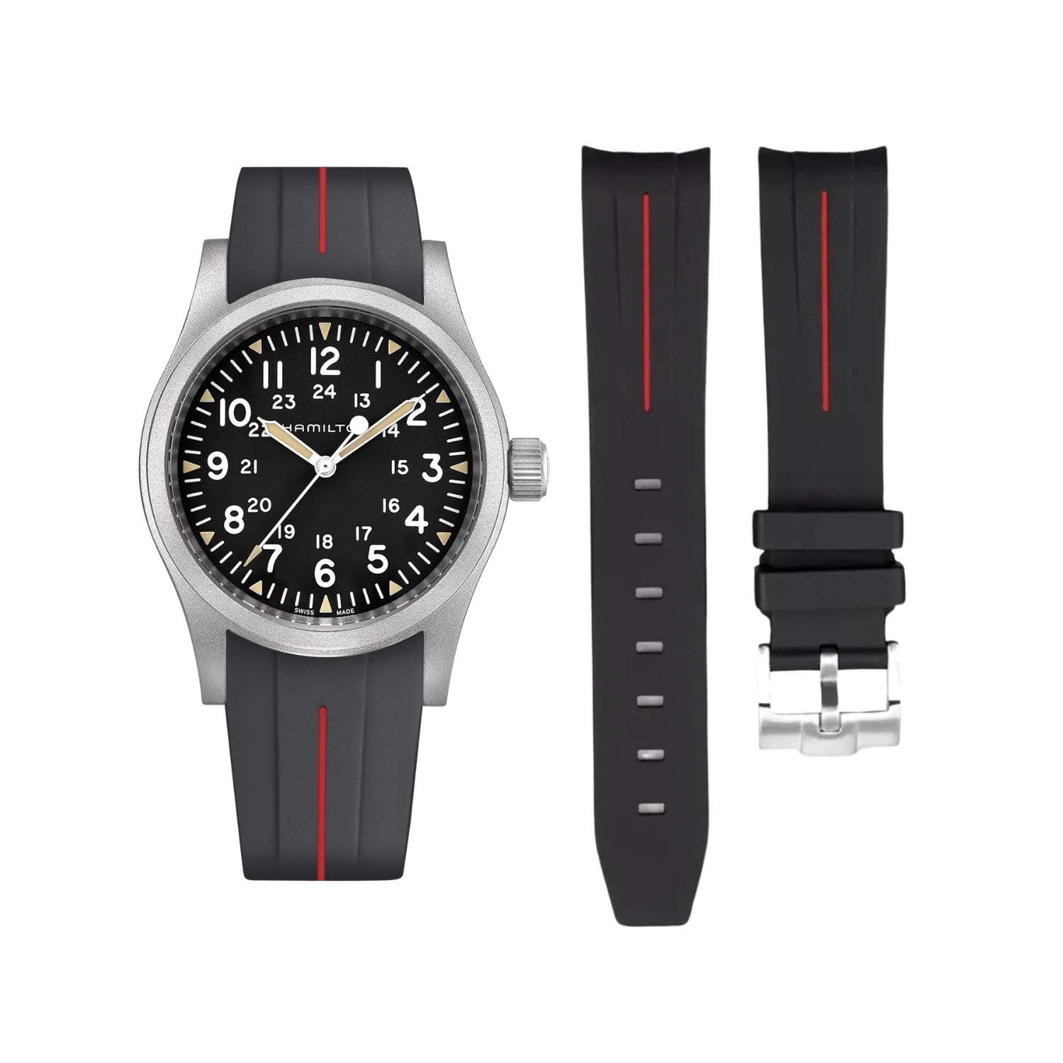 سوار مطاطي Black/Red LuxLine® لساعة Hamilton Khaki Field – مقاسات 38mm/40mm/42mm