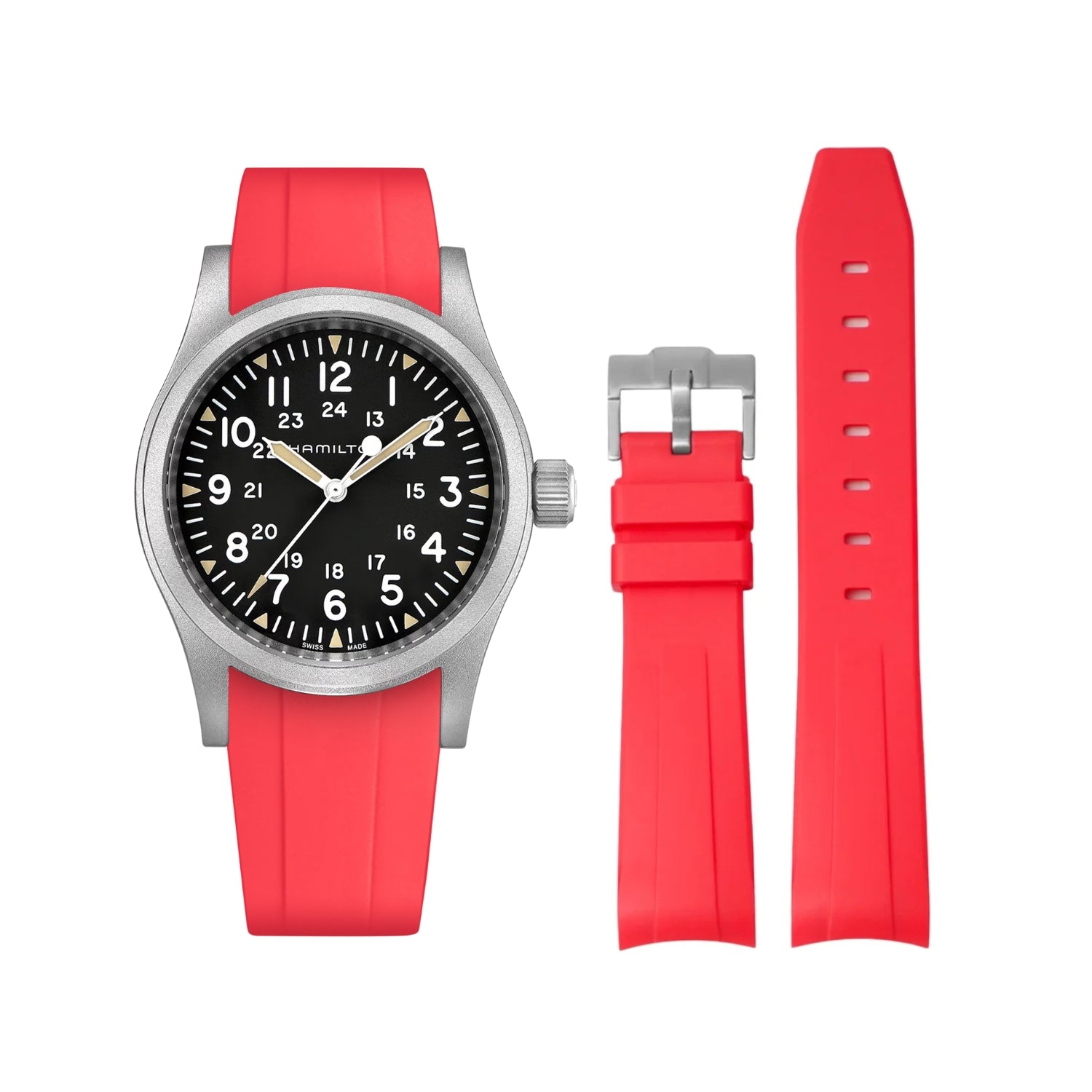 سوار مطاطي أحمر (Red) لساعة Hamilton Khaki Field بمقاسات 38mm/40mm/42mm