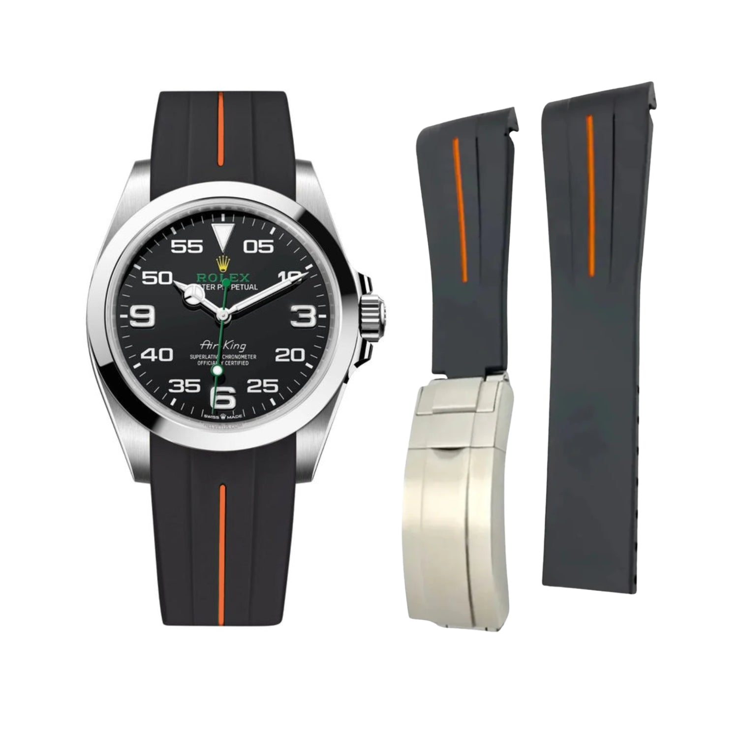 Deployant Rubber Strap - For Rolex Air - King 126900/116900 - Black/Orange | LuxLine® - Helvetus