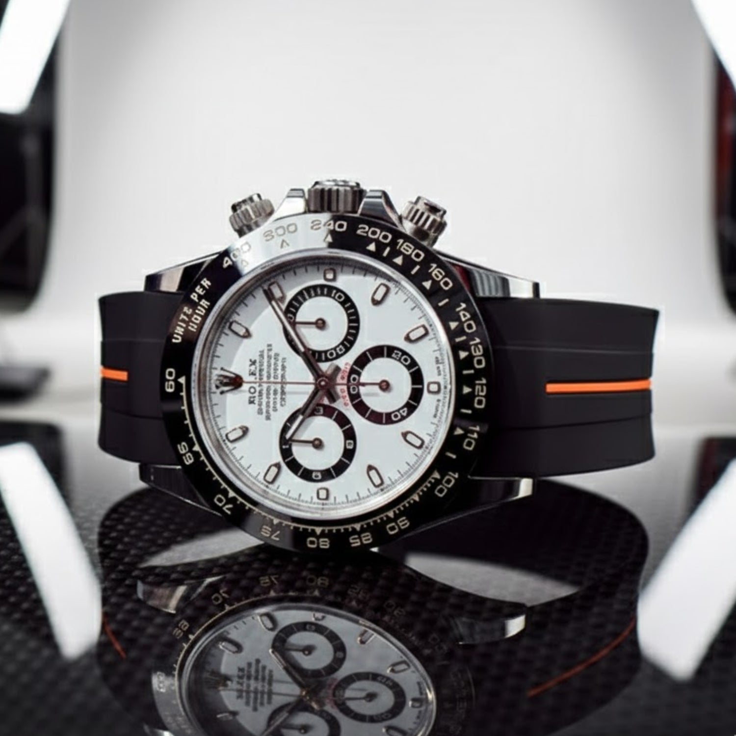 Deployant Rubber Strap - For Rolex Daytona - Black w/Orange Line | LuxLine® - Helvetus
