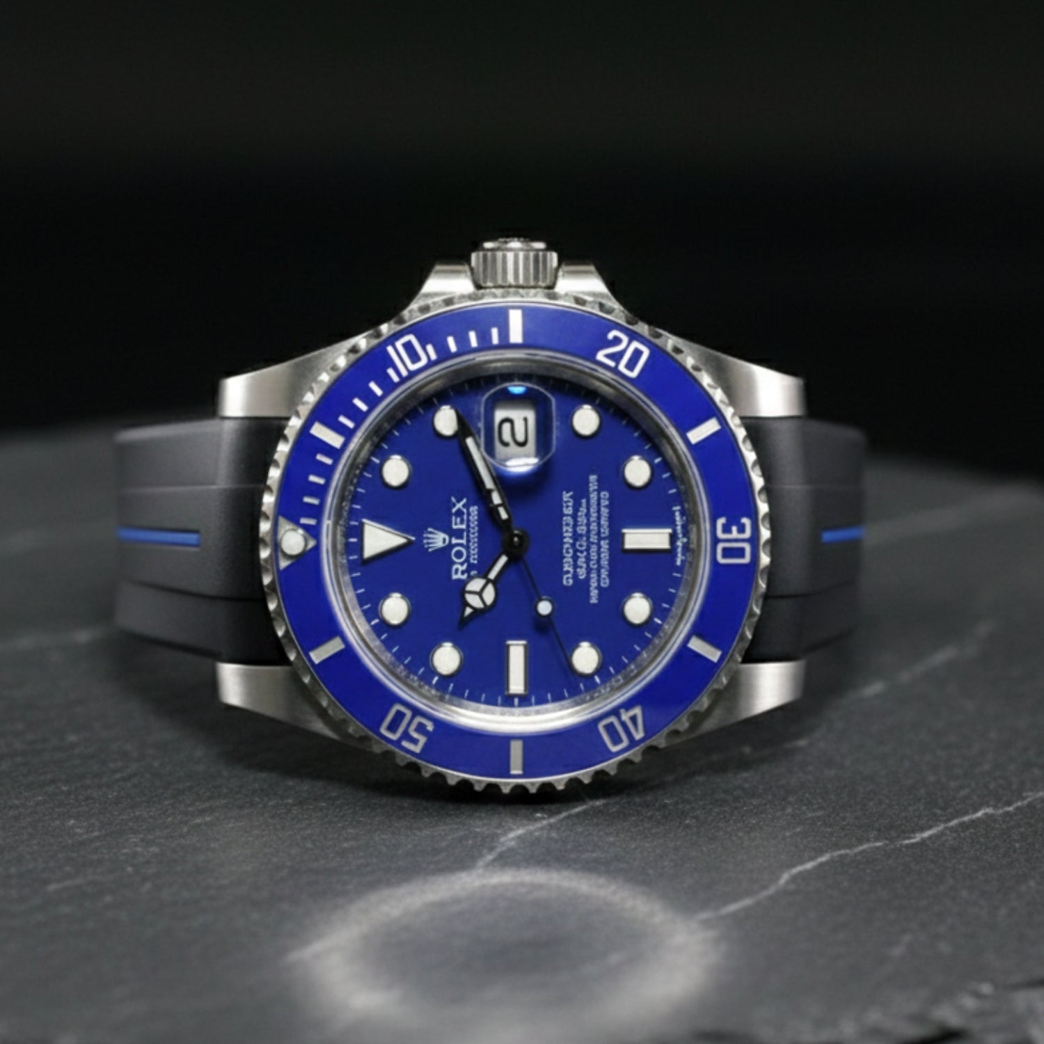 Deployant Rubber Strap - For Rolex Submariner - Black w/Blue Line | LuxLine® - Helvetus