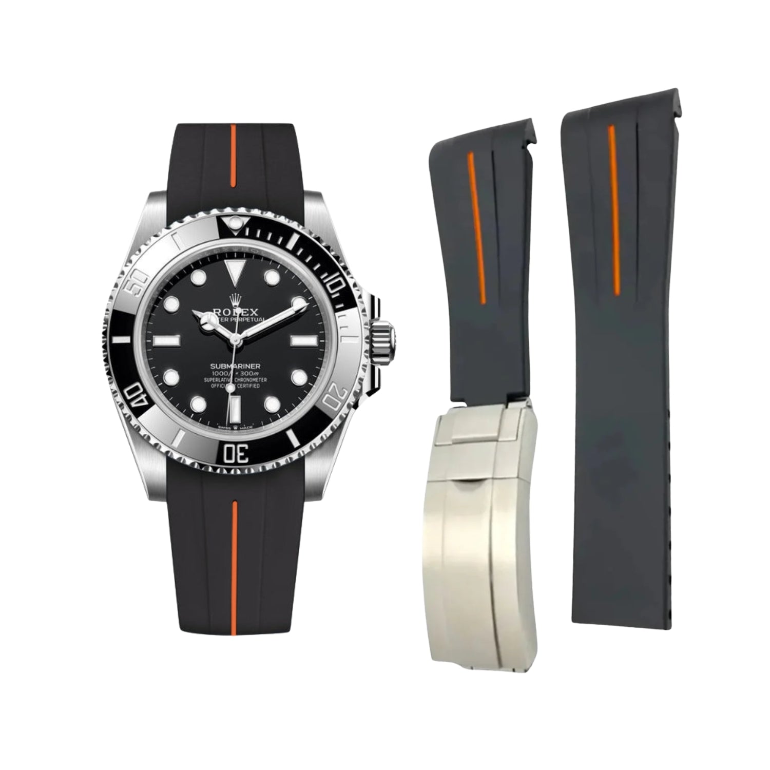 Deployant Rubber Strap - For Rolex Submariner - Black w/Orange Line | LuxLine® - Helvetus