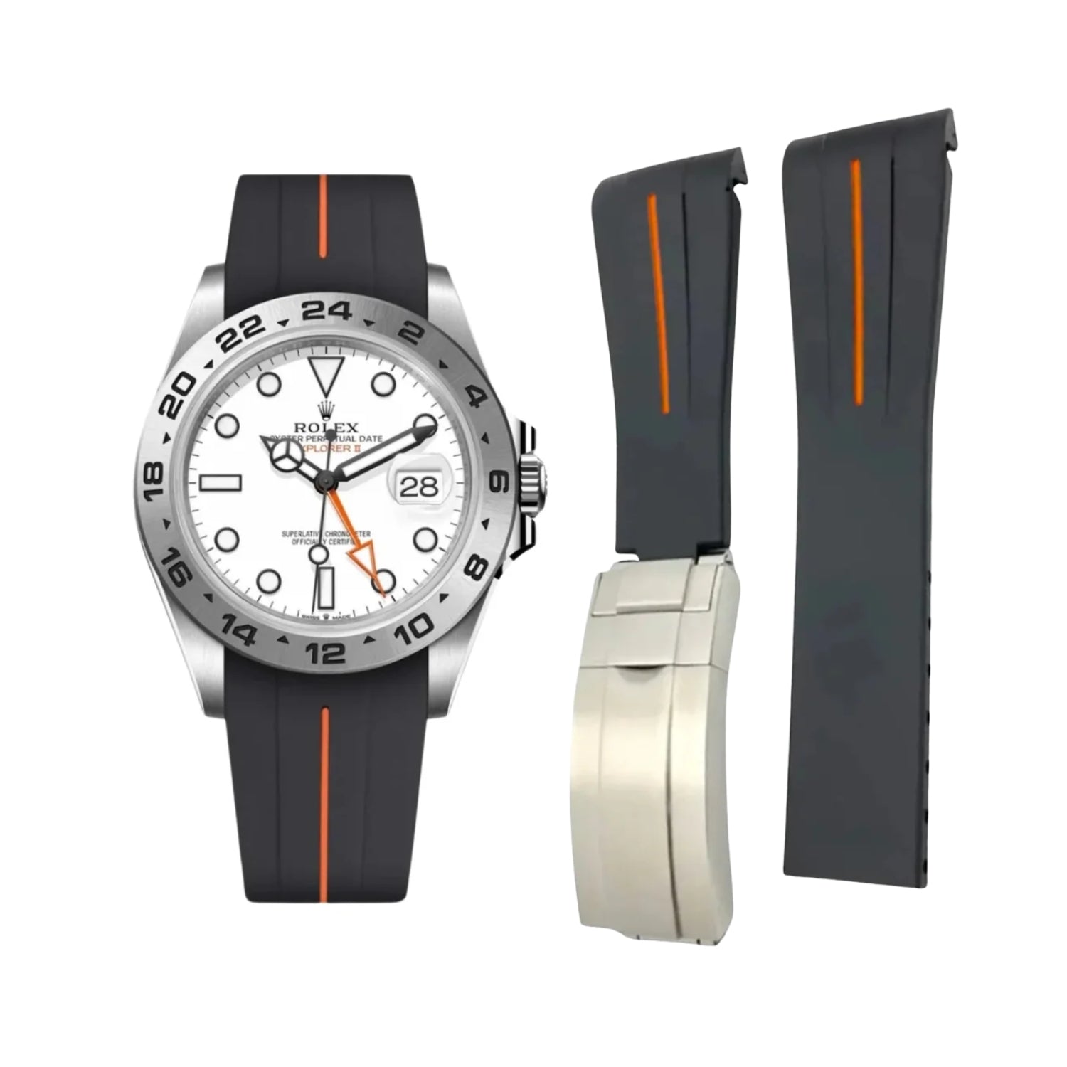 Deployant Strap - For Rolex Explorer II - Black w/Orange Line | LuxLine® - Helvetus