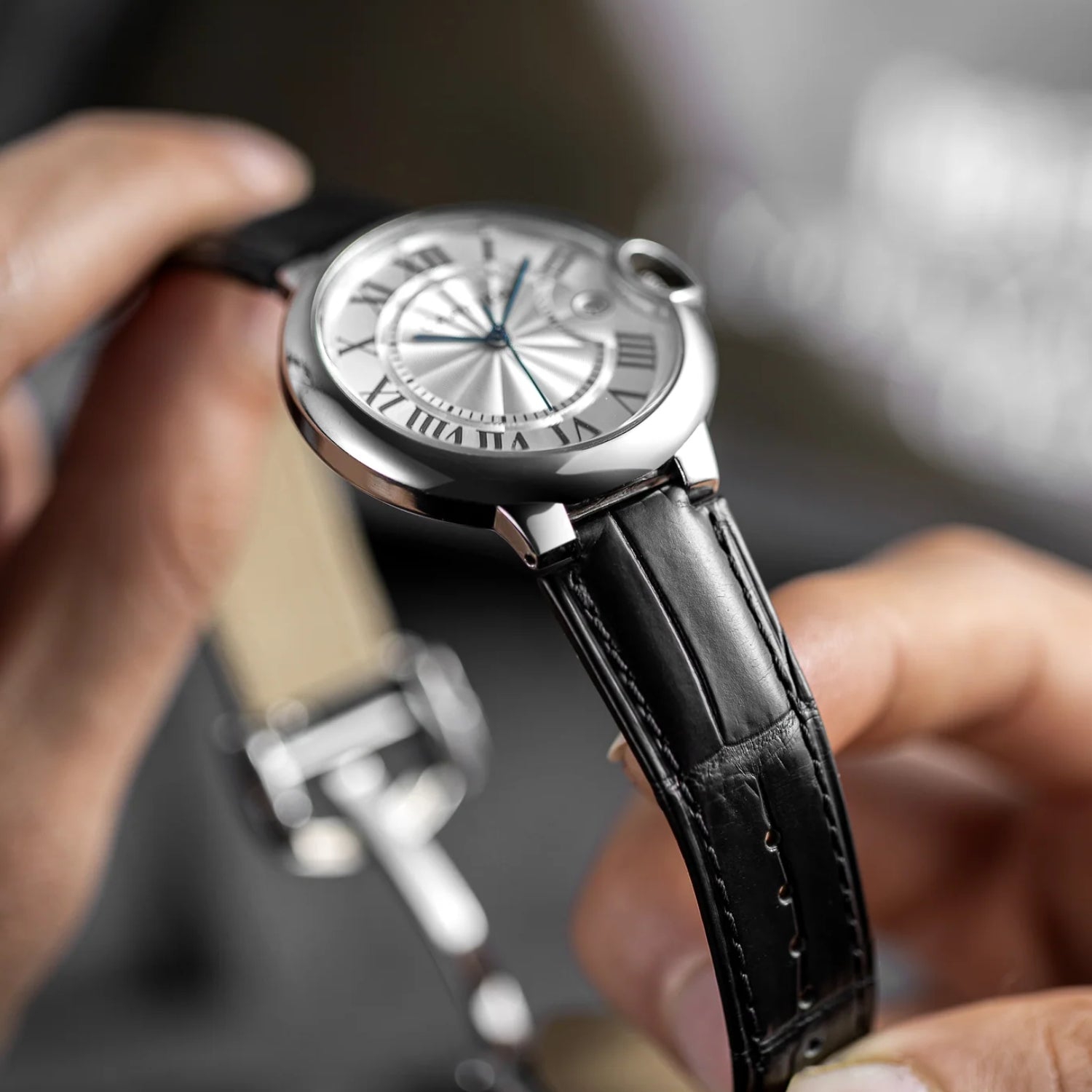 Leather Strap - For Cartier Ballon Bleu - Black - Helvetus