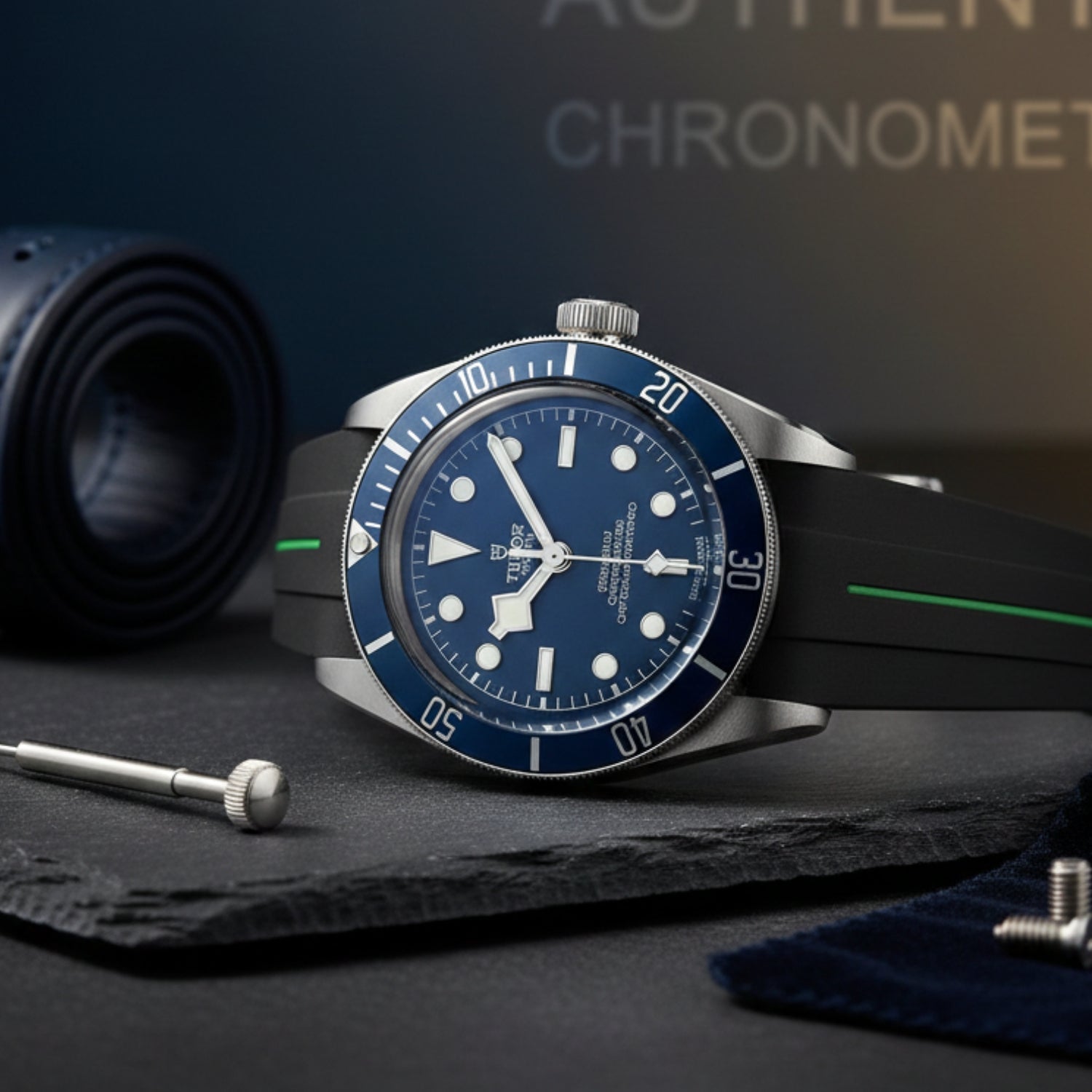 Rubber Strap - For all Tudor Black Bay Models - Black w/Green Line | LuxLine® - Helvetus