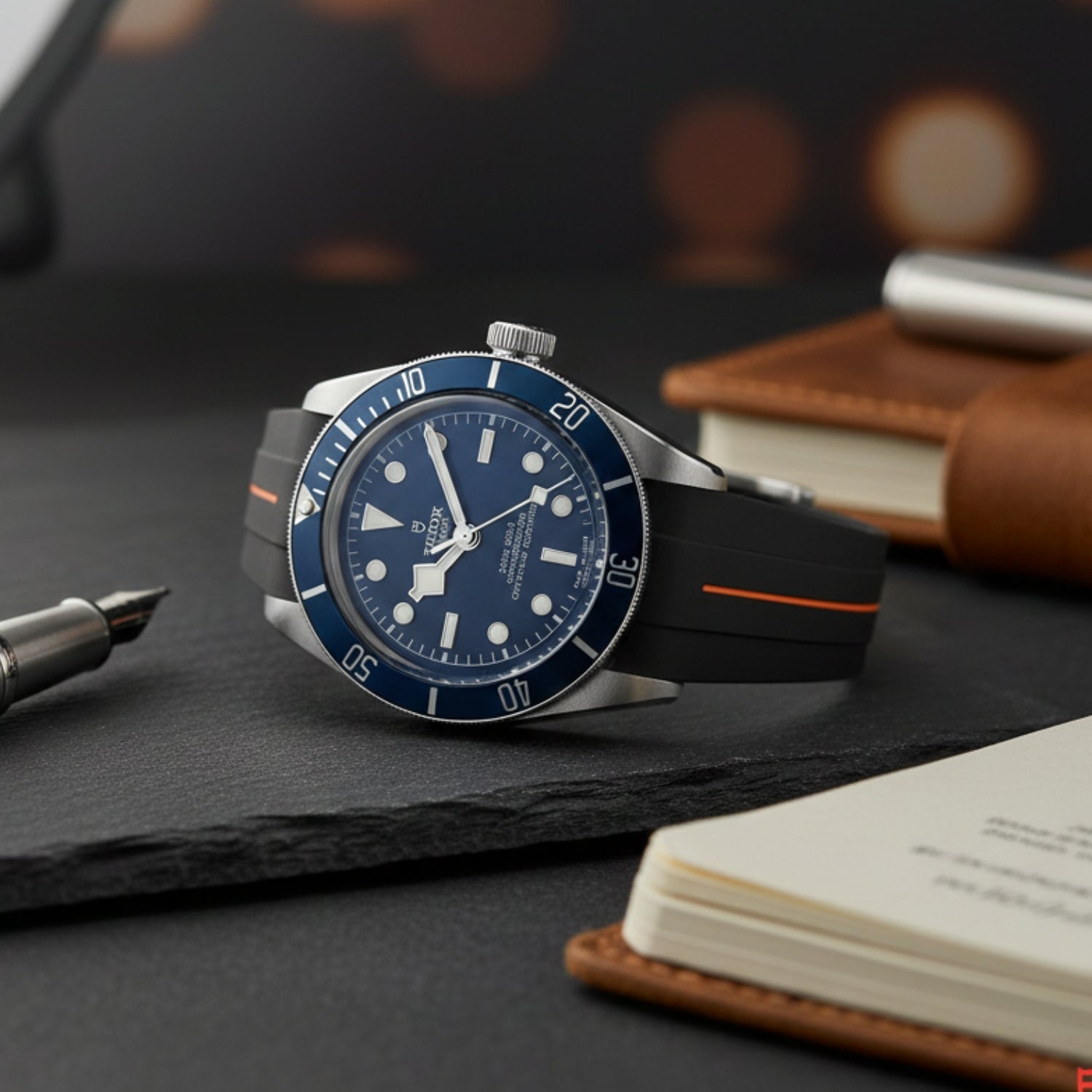 Rubber Strap - For all Tudor Black Bay Models - Black w/Orange Line | LuxLine® - Helvetus