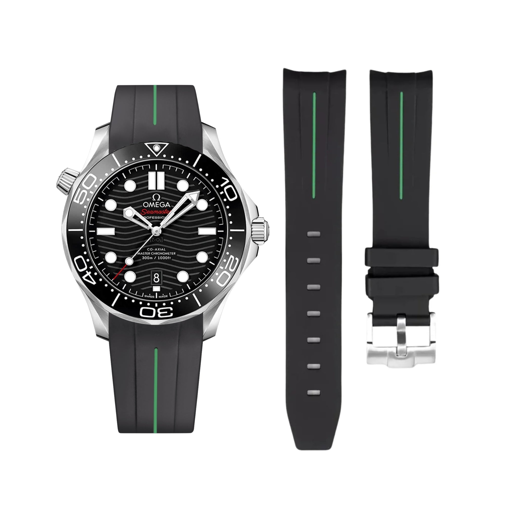 Rubber Strap - For Omega Seamaster 300 - Black/Green | LuxLine® - Helvetus