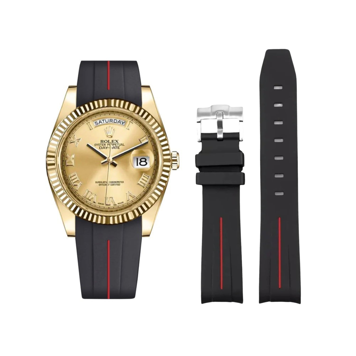 Rubber Strap - For Rolex Day - Date II 41mm - Black w/Red Line | LuxLine® - Helvetus
