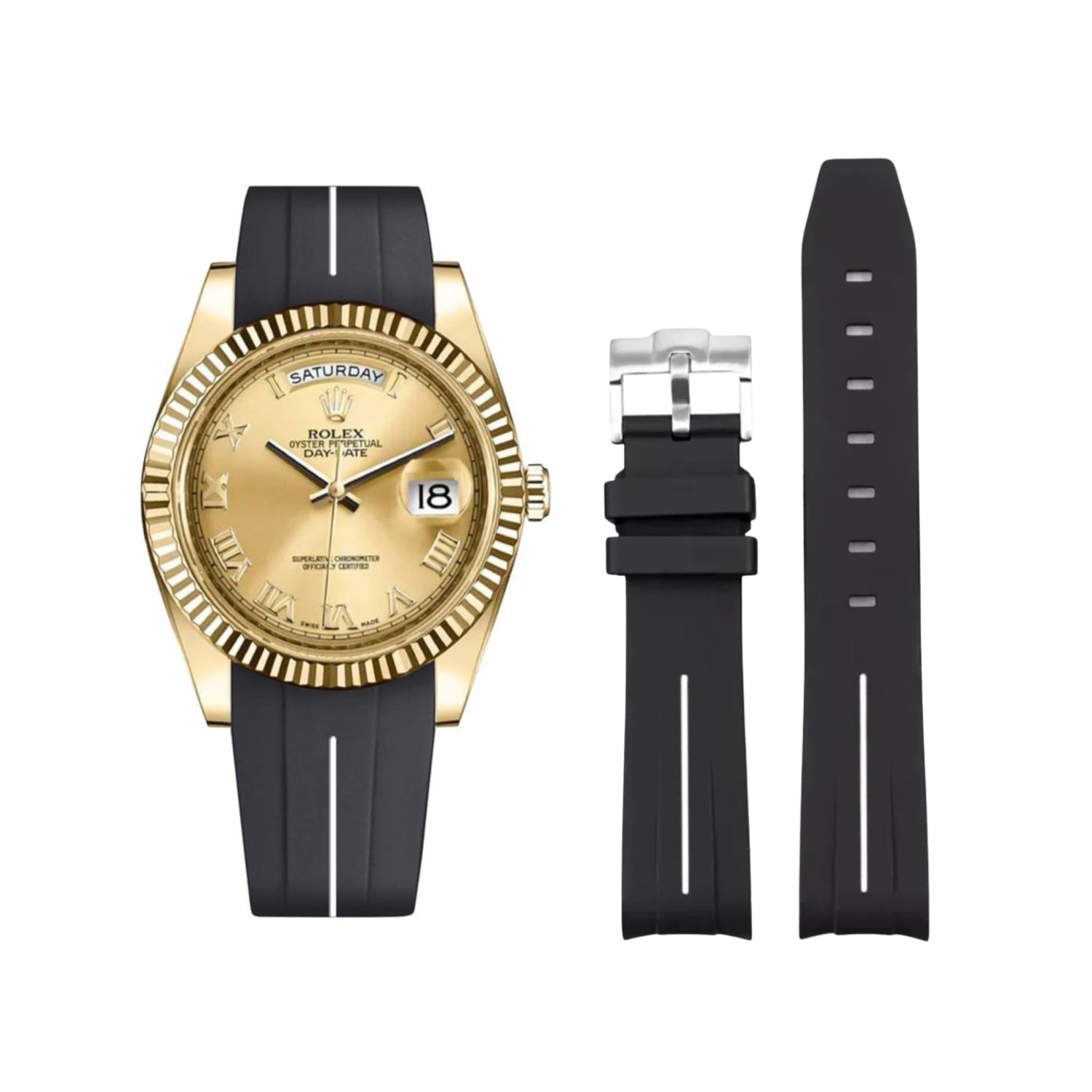 Rubber Strap - For Rolex Day - Date II 41mm - Black w/White Line | LuxLine® - Helvetus