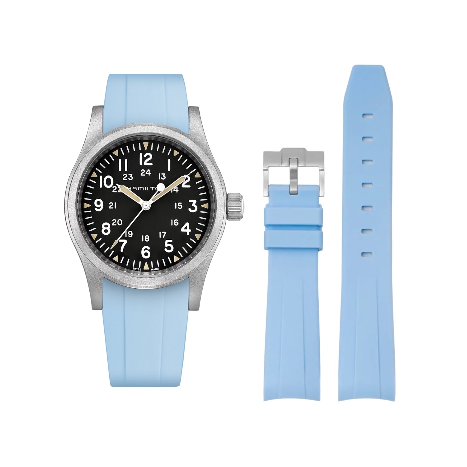 سوار مطاطي أزرق فاتح (Baby Blue) لساعة Hamilton Khaki Field بمقاسات 38mm/40mm/42mm