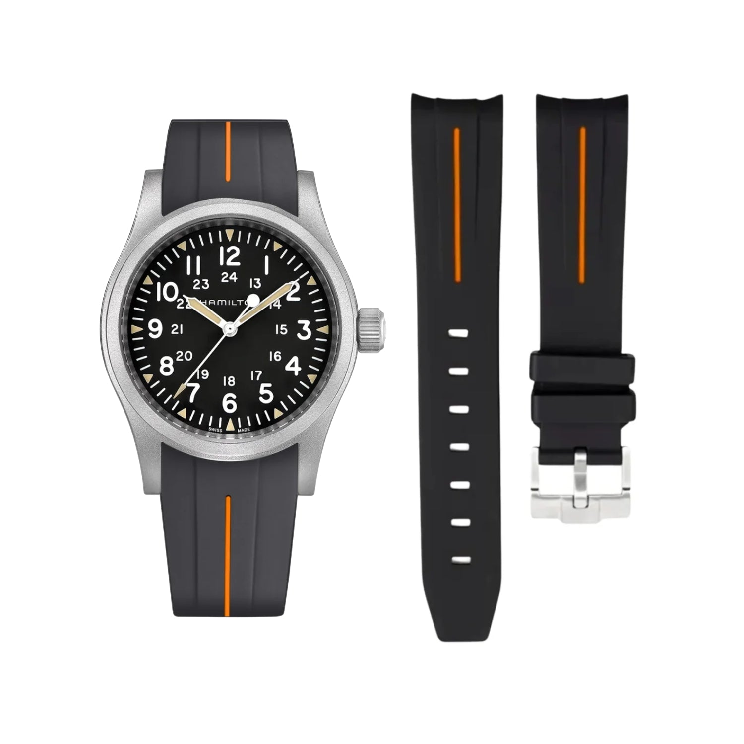سوار مطاطي Black/Orange LuxLine® لساعة Hamilton Khaki Field – مقاسات 38mm/40mm/42mm