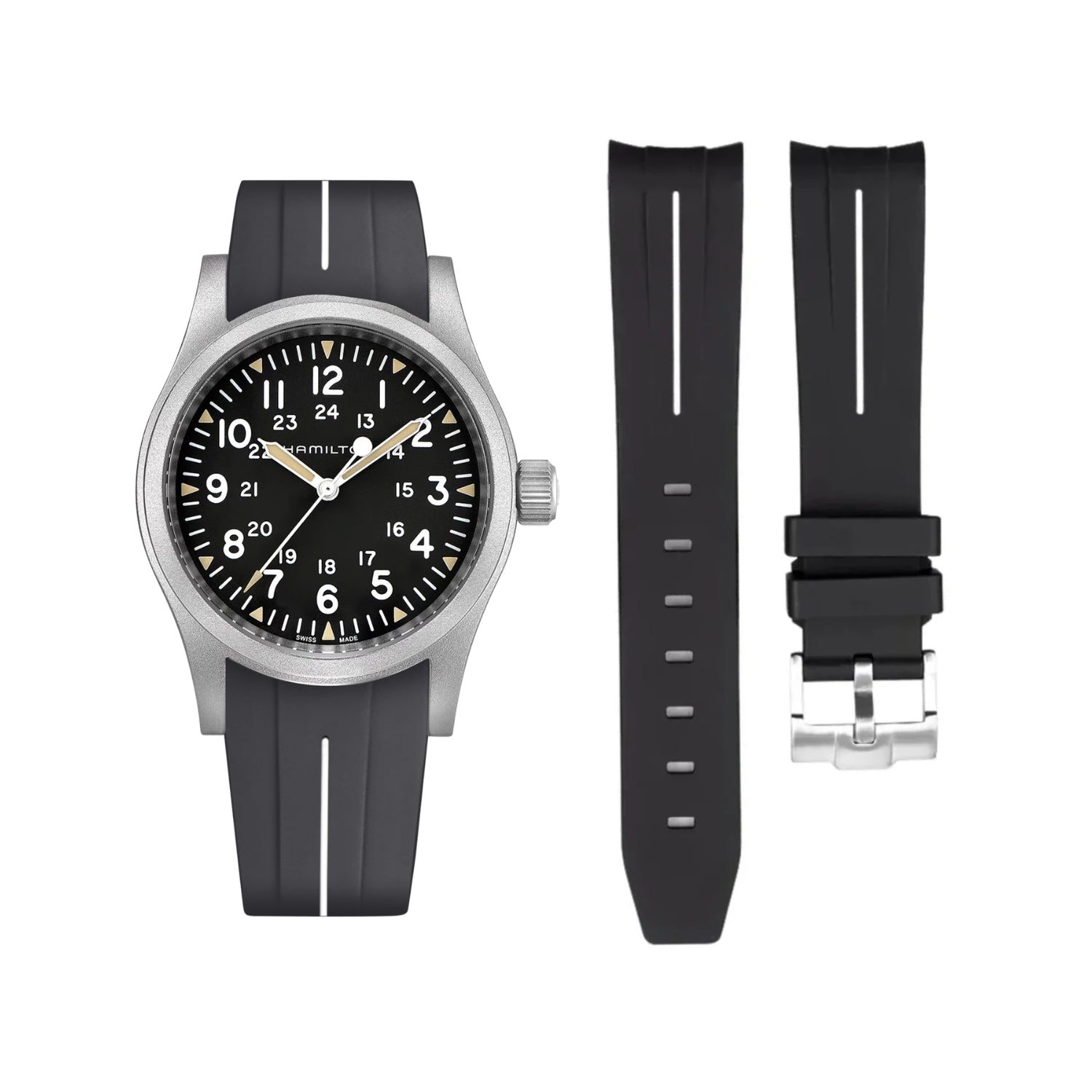 سوار مطاطي Black/White LuxLine® لساعة Hamilton Khaki Field – مقاسات 38mm/40mm/42mm