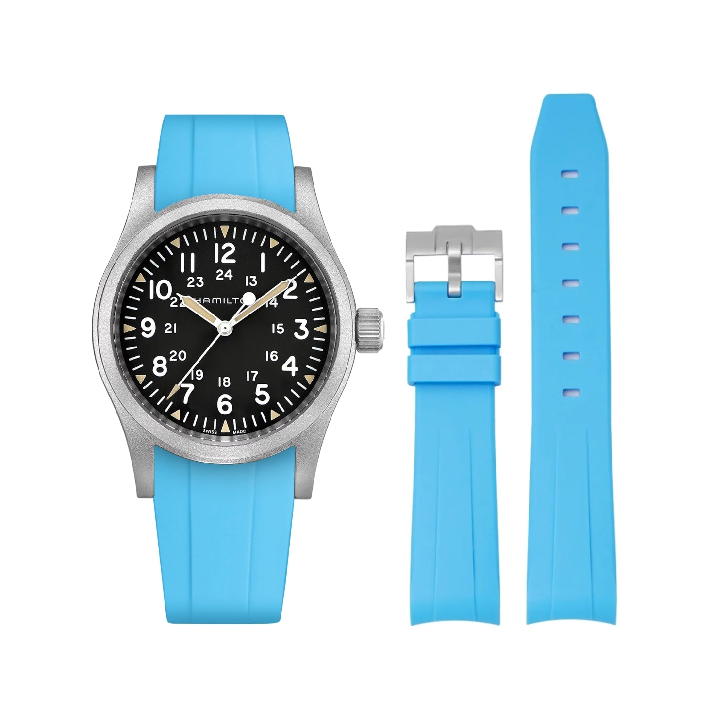 سوار مطاطي أزرق سماوي (Light Blue) لساعة Hamilton Khaki Field بمقاسات 38mm/40mm/42mm