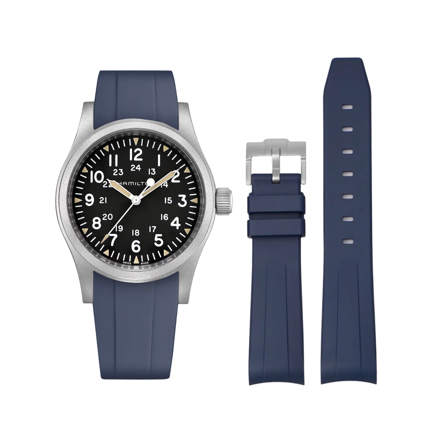 سوار مطاطي أزرق داكن (Navy Blue) لساعة Hamilton Khaki Field بمقاسات 38mm/40mm/42mm