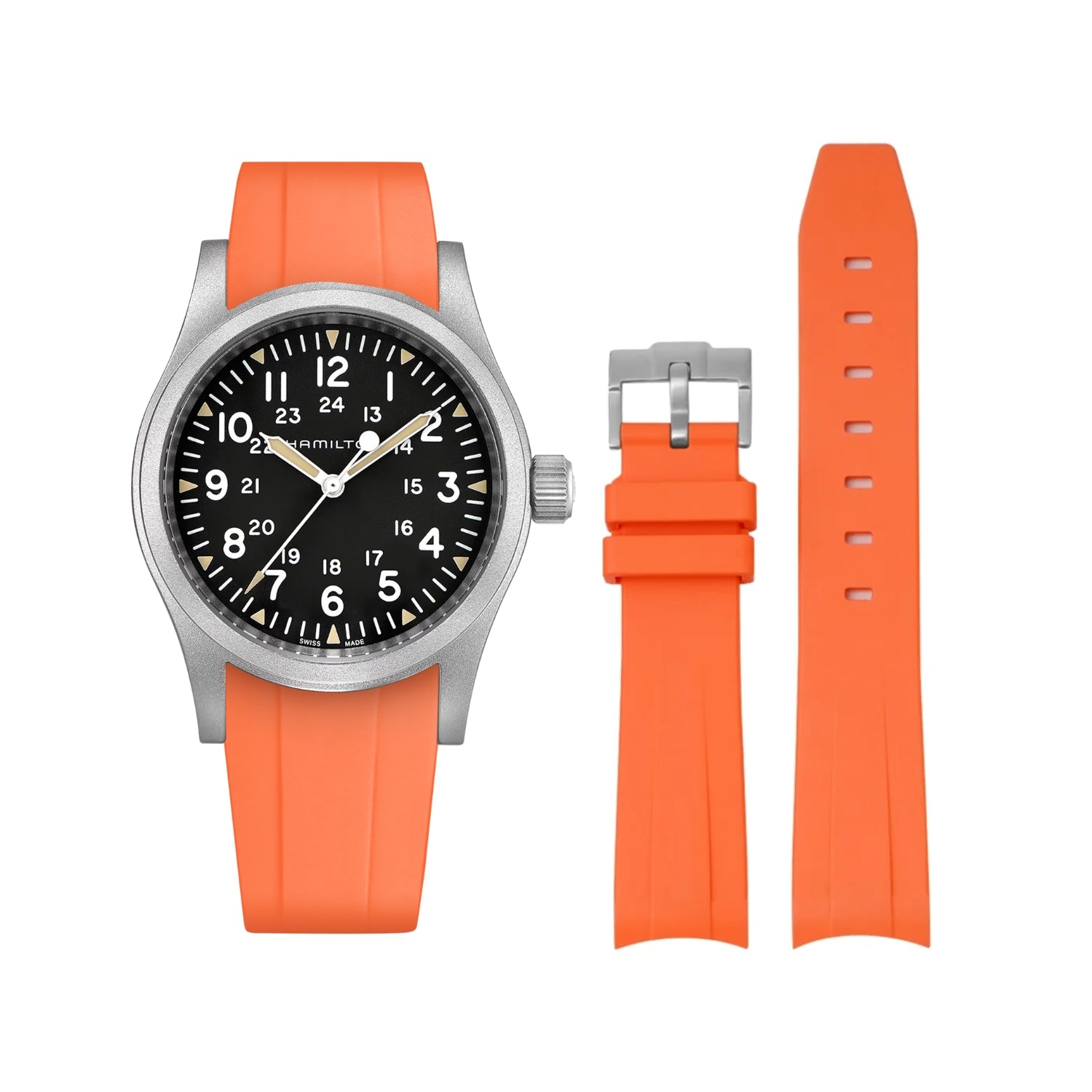 سوار مطاطي برتقالي (Orange) لساعة Hamilton Khaki Field بمقاسات 38mm/40mm/42mm
