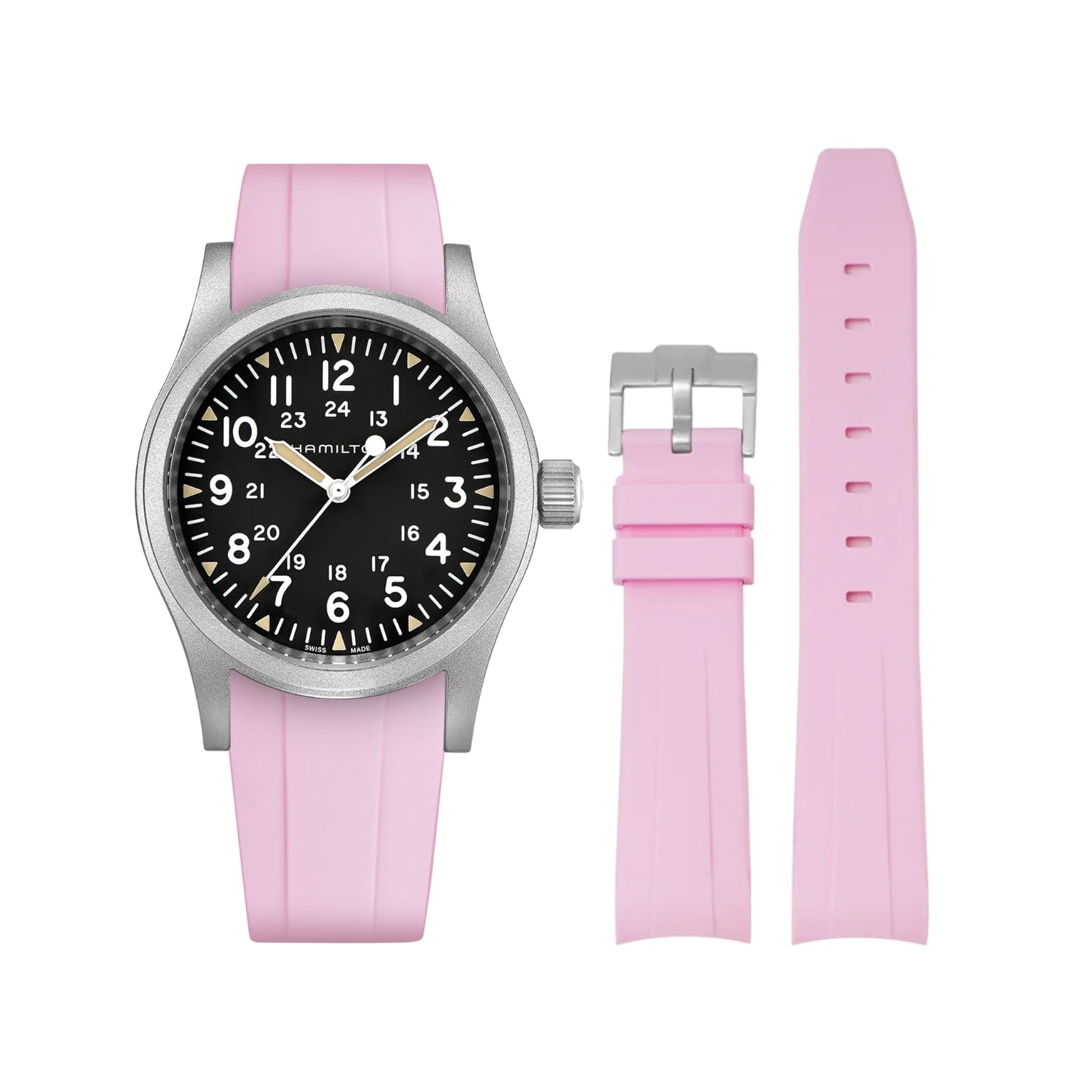 سوار مطاطي وردي (Pink) لساعة Hamilton Khaki Field بمقاسات 38mm/40mm/42mm