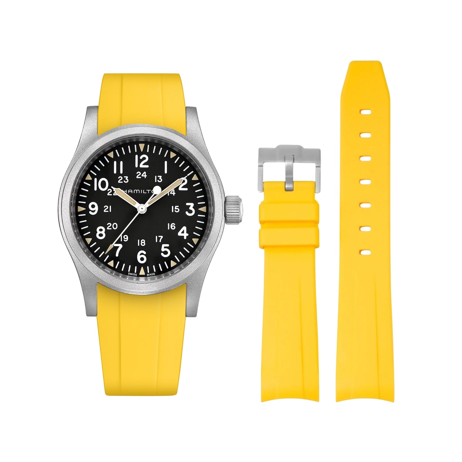 سوار مطاطي أصفر (Yellow) لساعة Hamilton Khaki Field بمقاسات 38mm/40mm/42mm