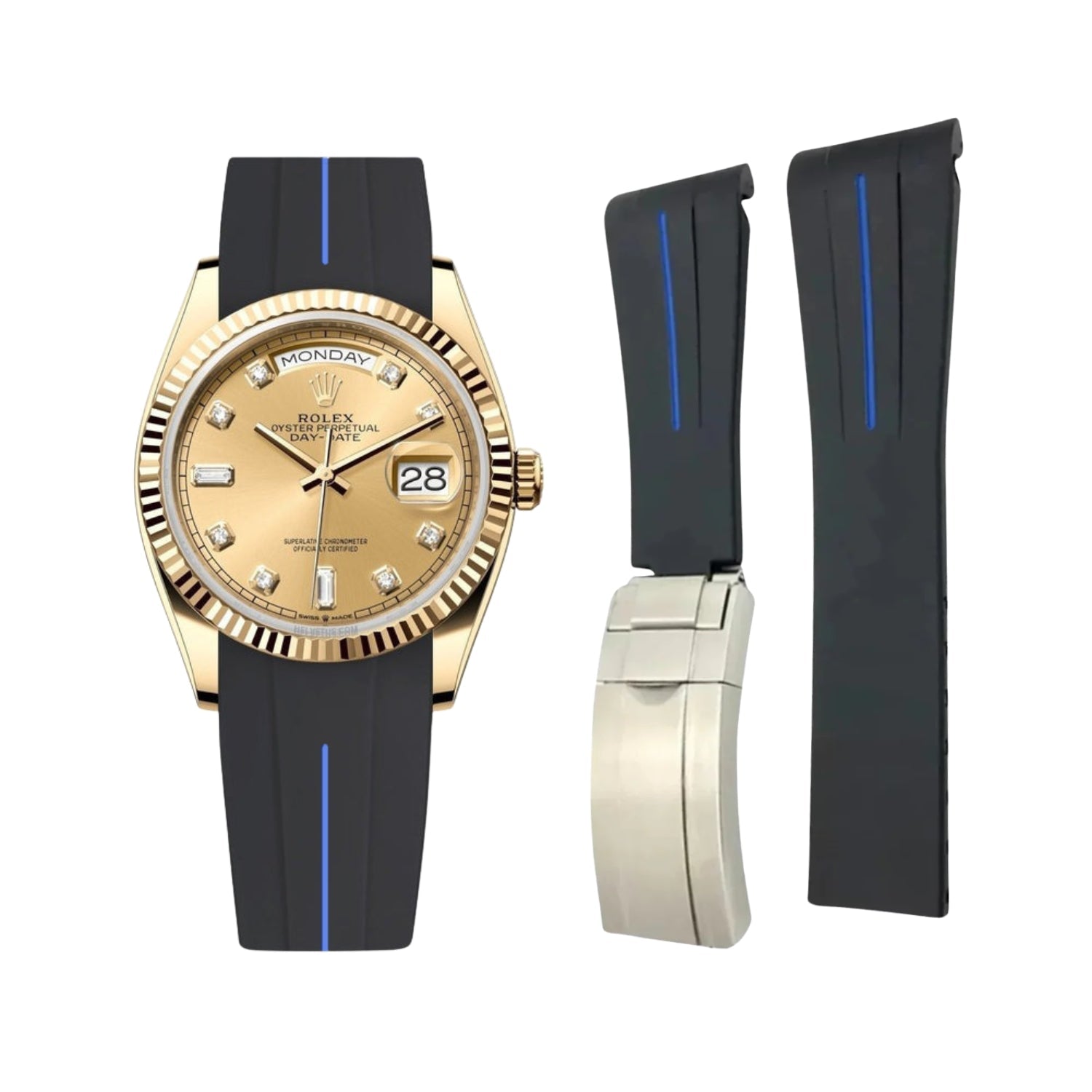 Deployant Rubber Strap - For Rolex Day - Date 36mm - Black w/Blue Line | LuxLine® - Helvetus