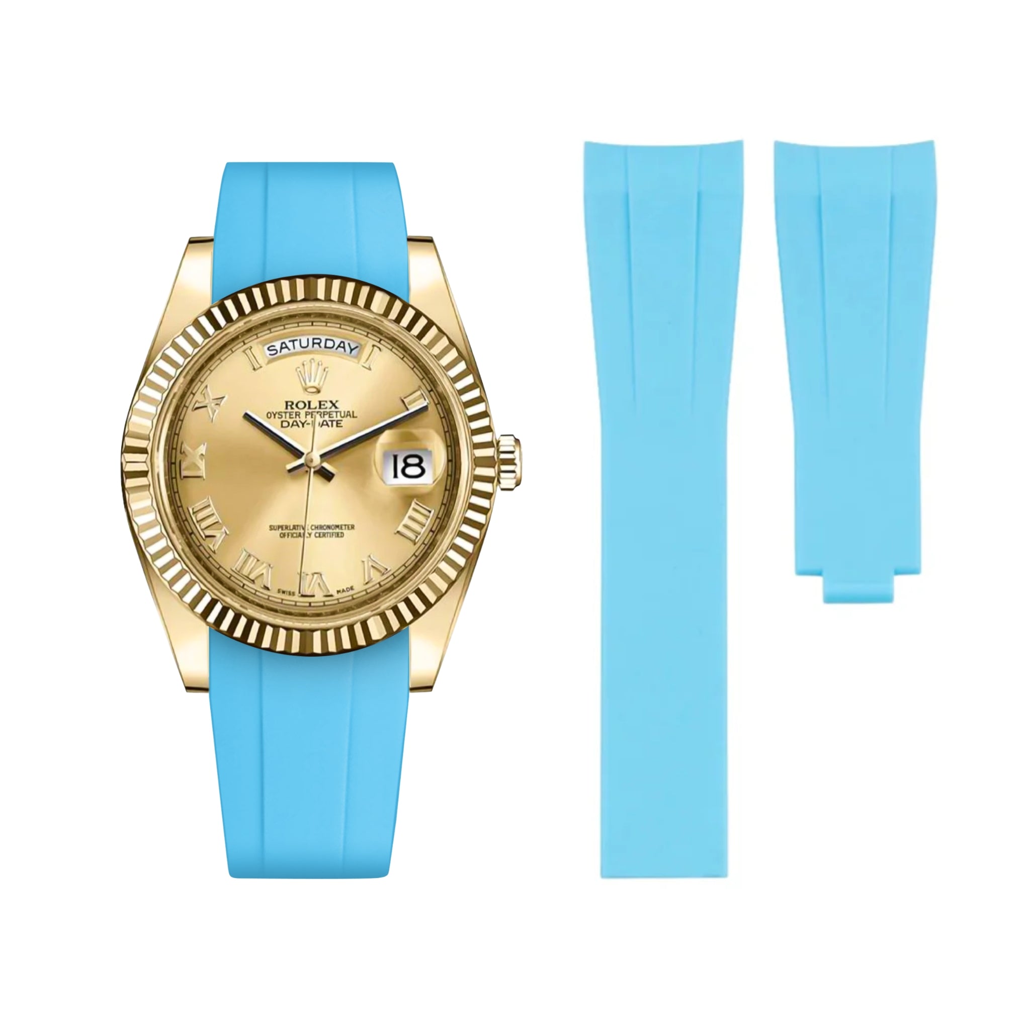 Deployant Rubber Strap - For Rolex Day - Date II 41mm - Light Blue - Helvetus