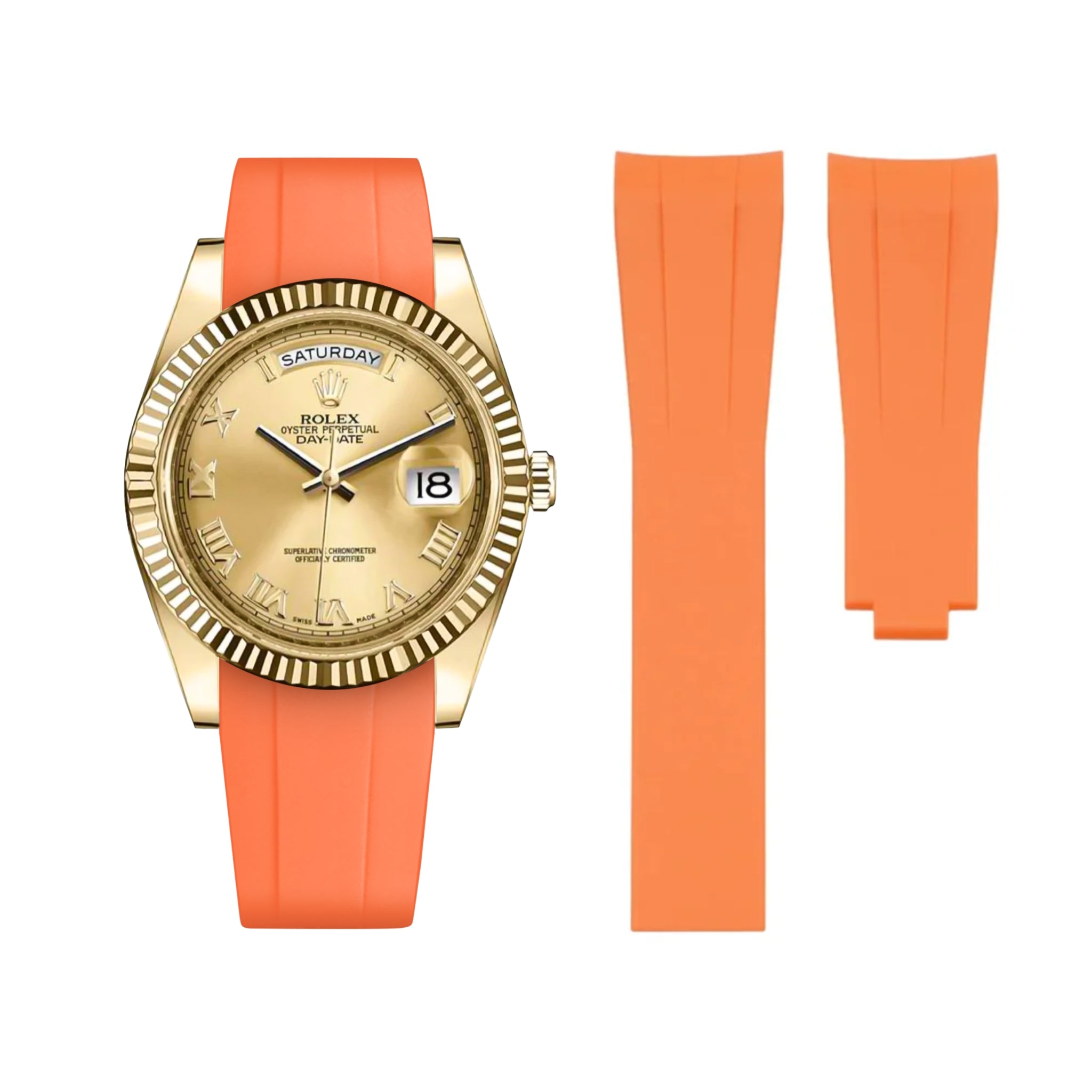 Deployant Rubber Strap - For Rolex Day - Date II 41mm - Orange - Helvetus