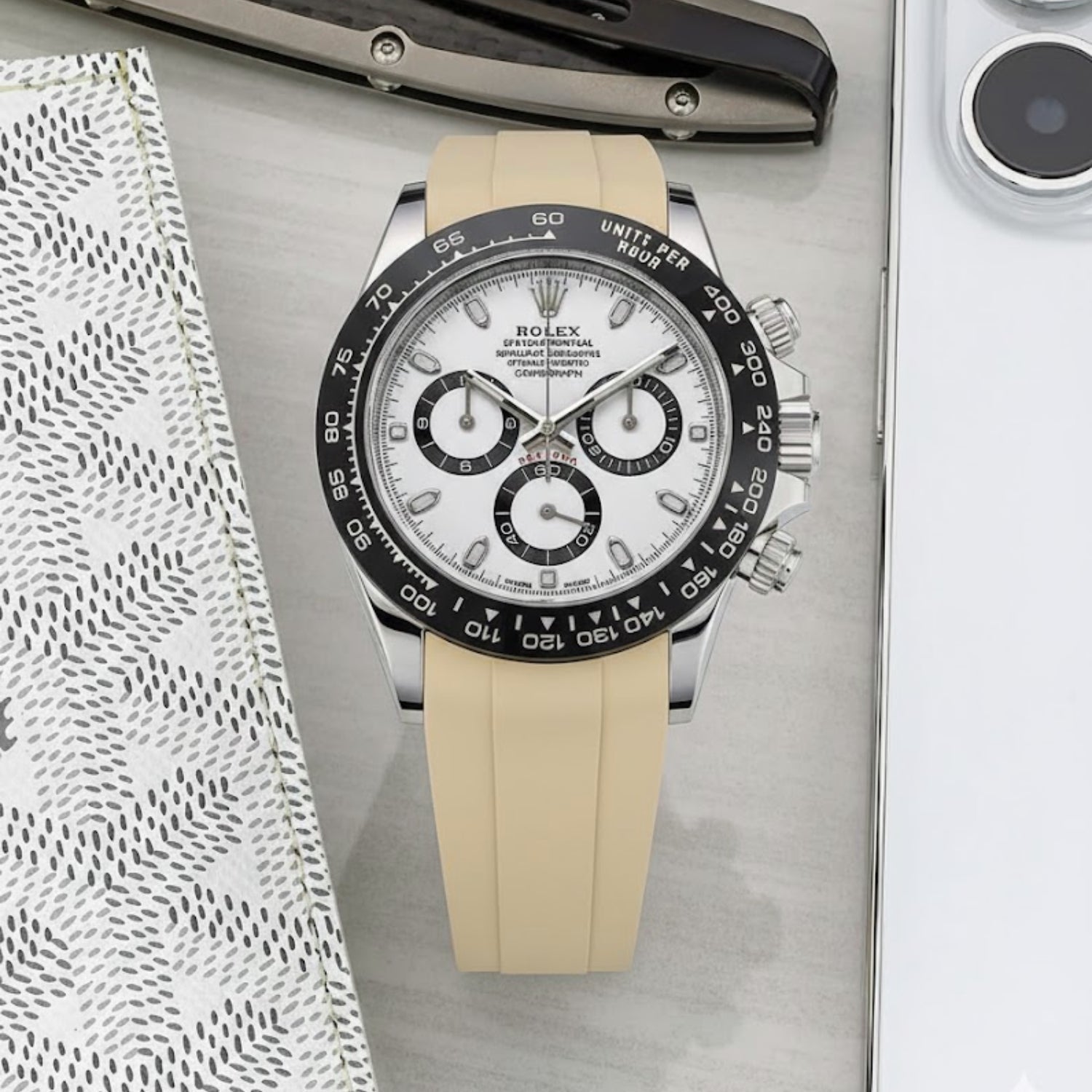 Deployant Rubber Strap - For Rolex Daytona - Beige - Helvetus
