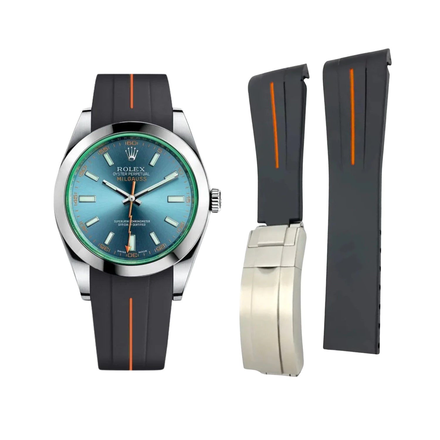Deployant Rubber Strap - For Rolex Milgauss - Black w/Orange Line | LuxLine® - Helvetus