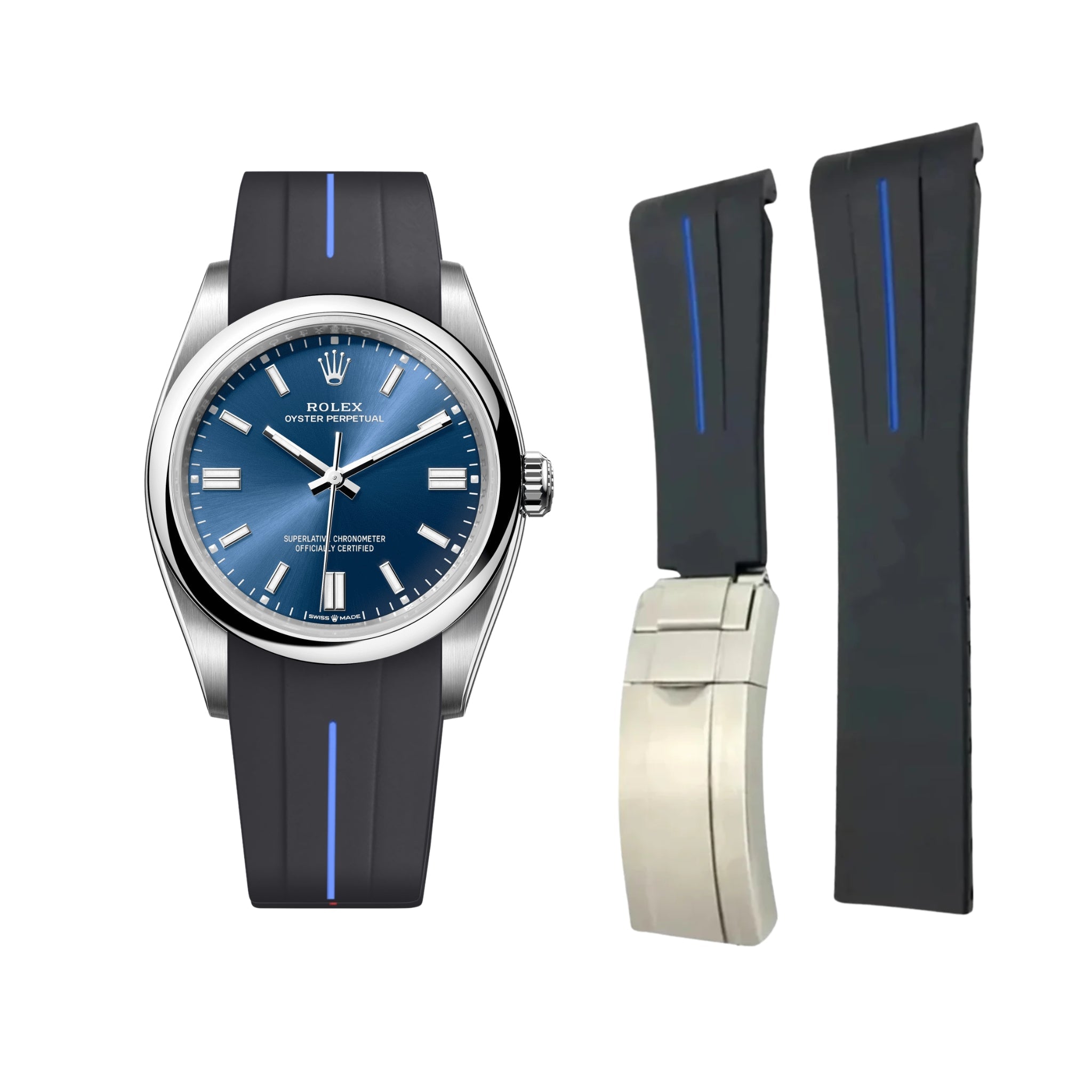 Deployant Rubber Strap - For Rolex Oyster Perpetual 36mm - Black w/Blue Line | LuxLine® - Helvetus