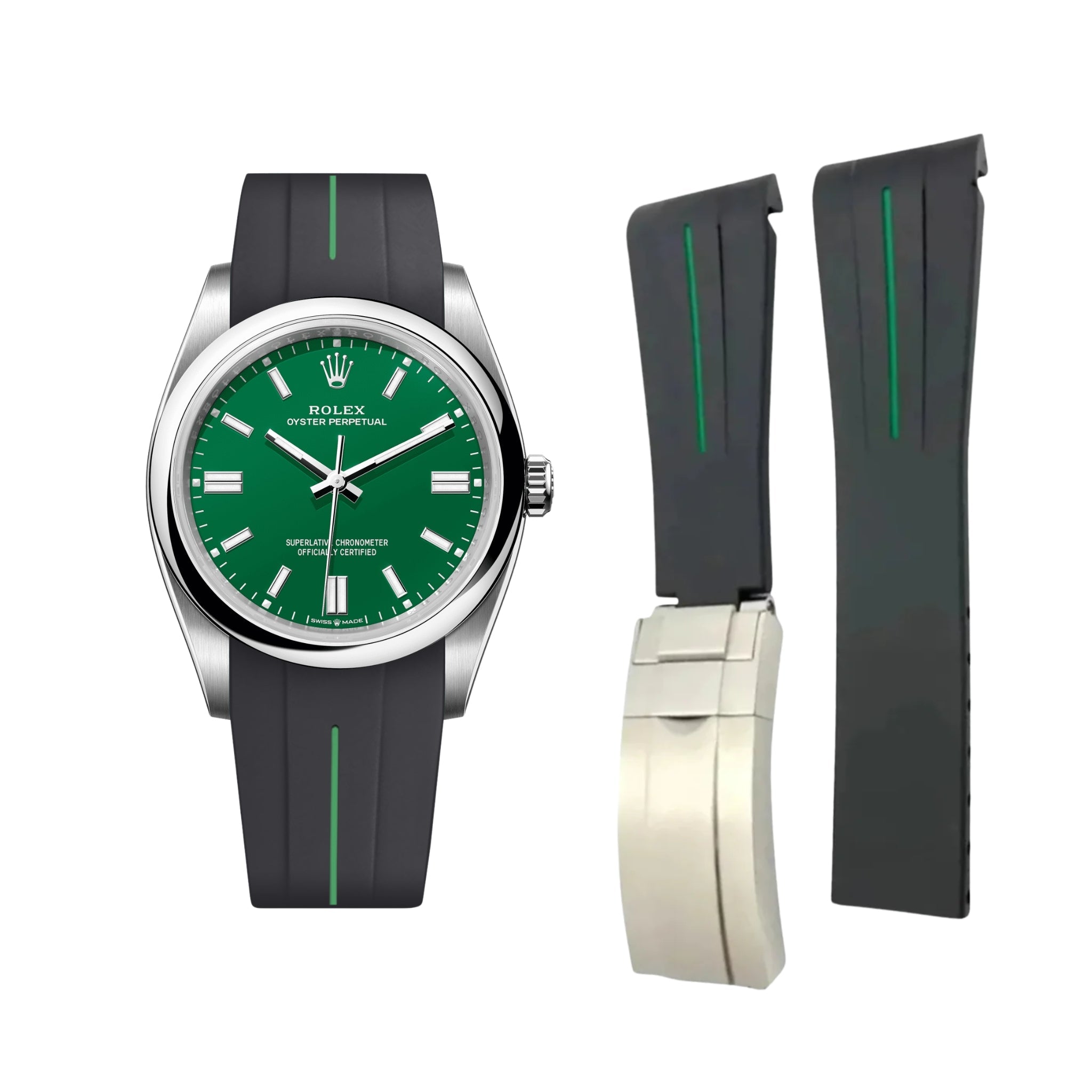 Deployant Rubber Strap - For Rolex Oyster Perpetual 36mm - Black w/Green Line | LuxLine® - Helvetus