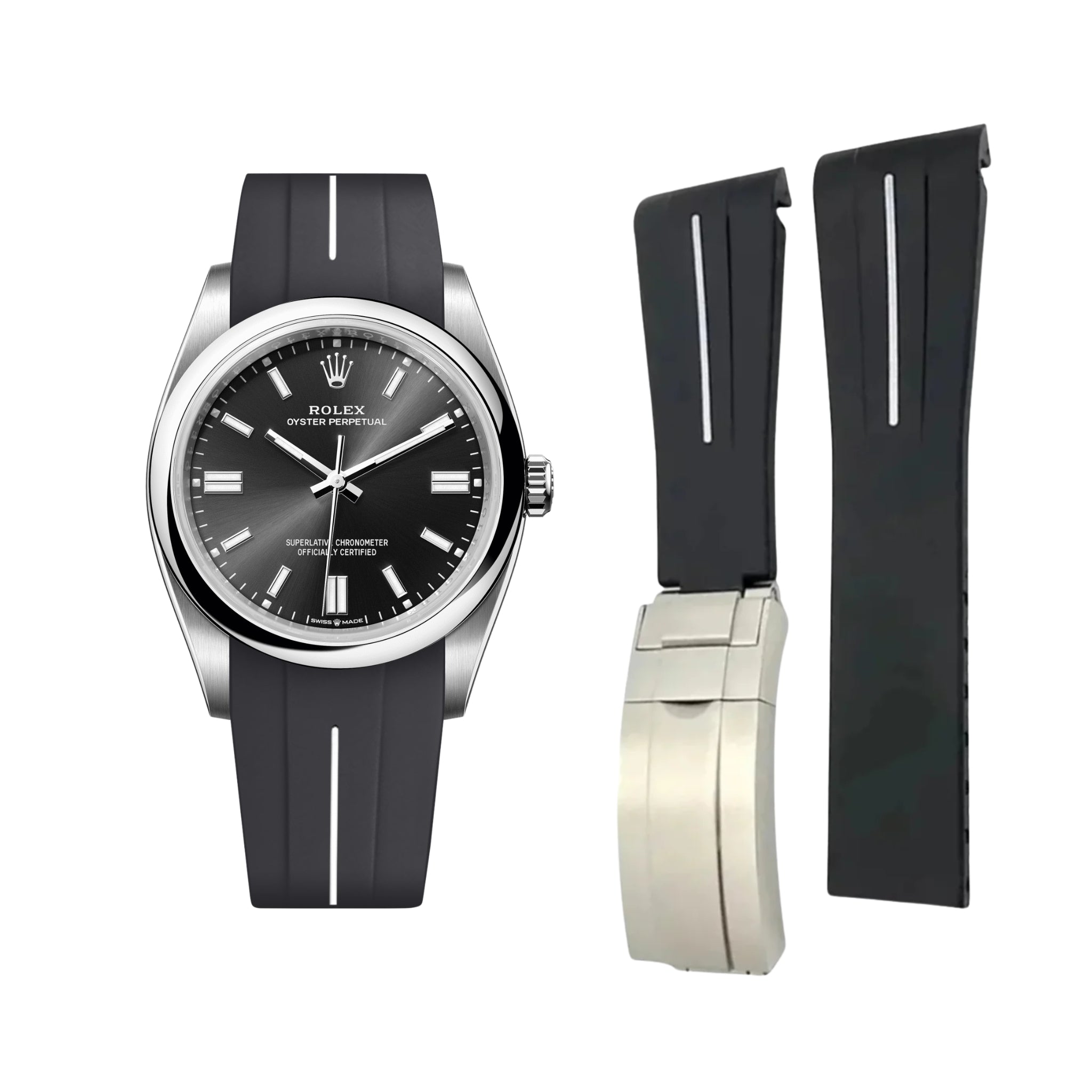 Deployant Rubber Strap - For Rolex Oyster Perpetual 36mm - Black w/White Line | LuxLine® - Helvetus