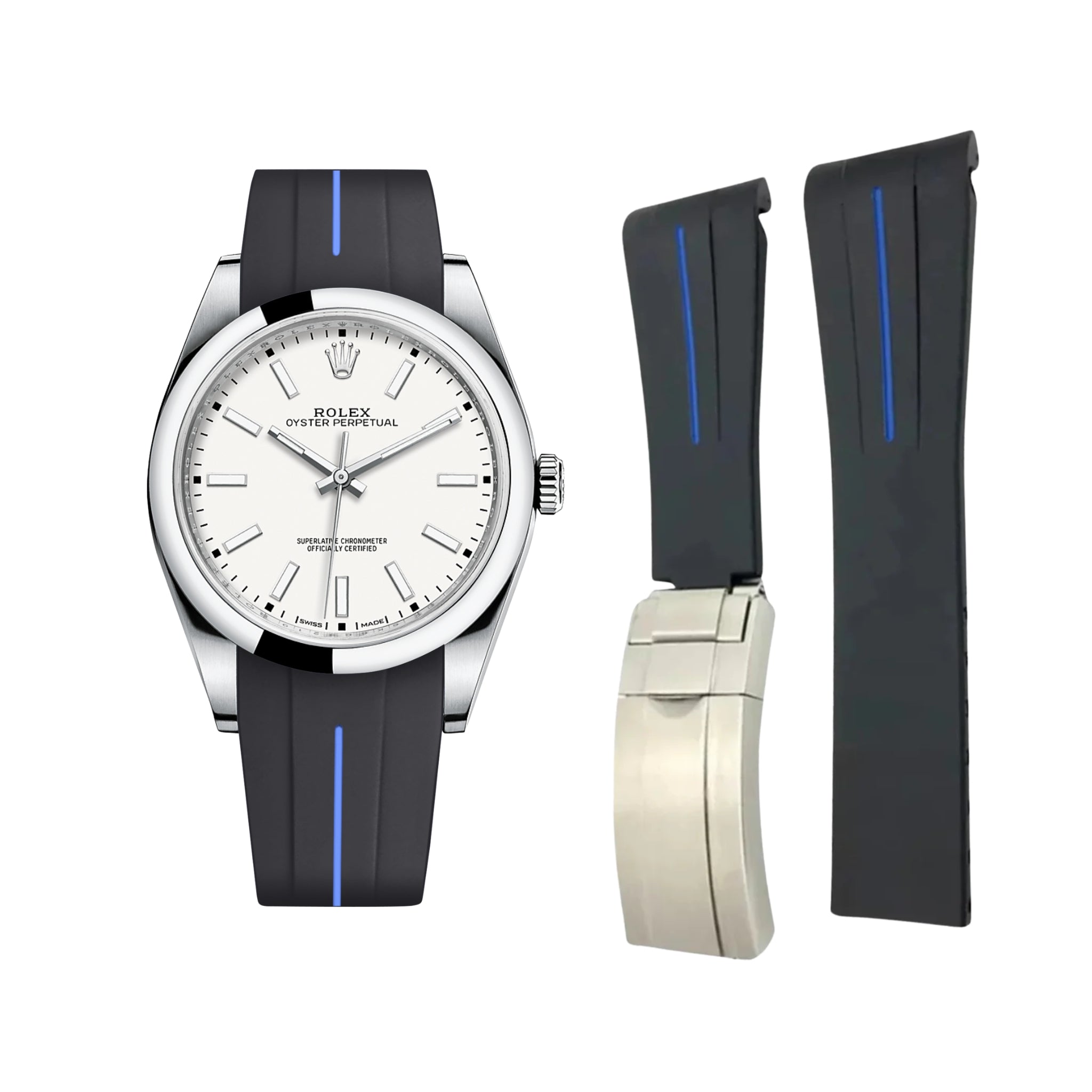 Deployant Rubber Strap - For Rolex Oyster Perpetual 39mm - Black w/Blue Line | LuxLine® - Helvetus