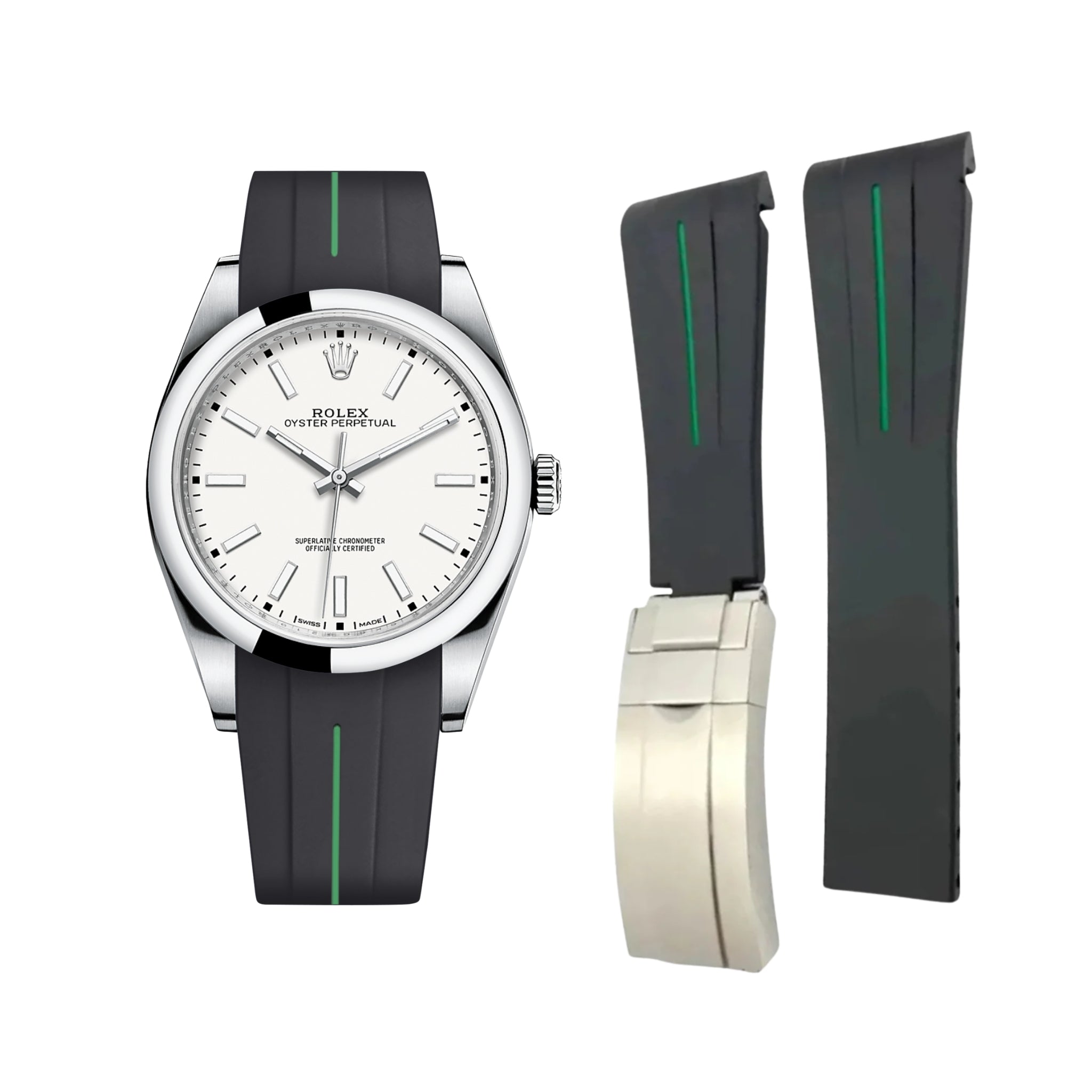 Deployant Rubber Strap - For Rolex Oyster Perpetual 39mm - Black w/Green Line | LuxLine® - Helvetus