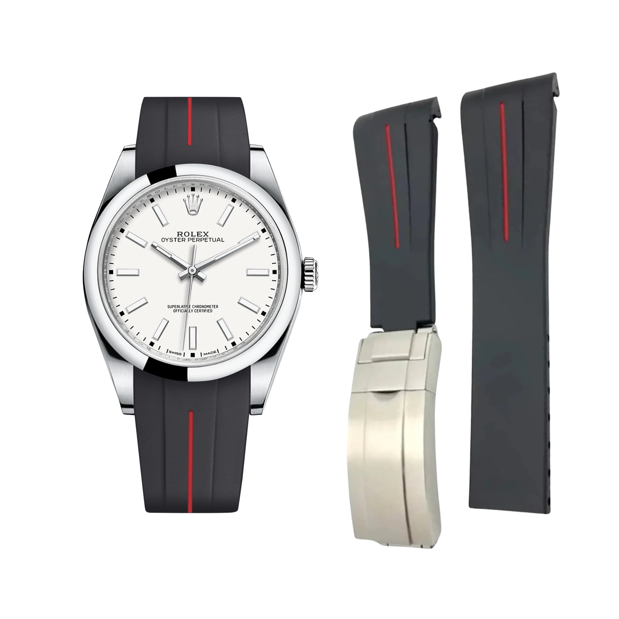 Deployant Rubber Strap - For Rolex Oyster Perpetual 39mm - Black w/Red Line | LuxLine® - Helvetus