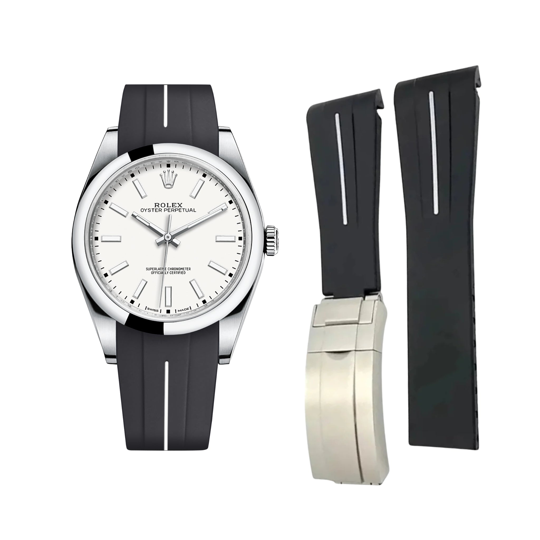 Deployant Rubber Strap - For Rolex Oyster Perpetual 39mm - Black w/White Line | LuxLine® - Helvetus