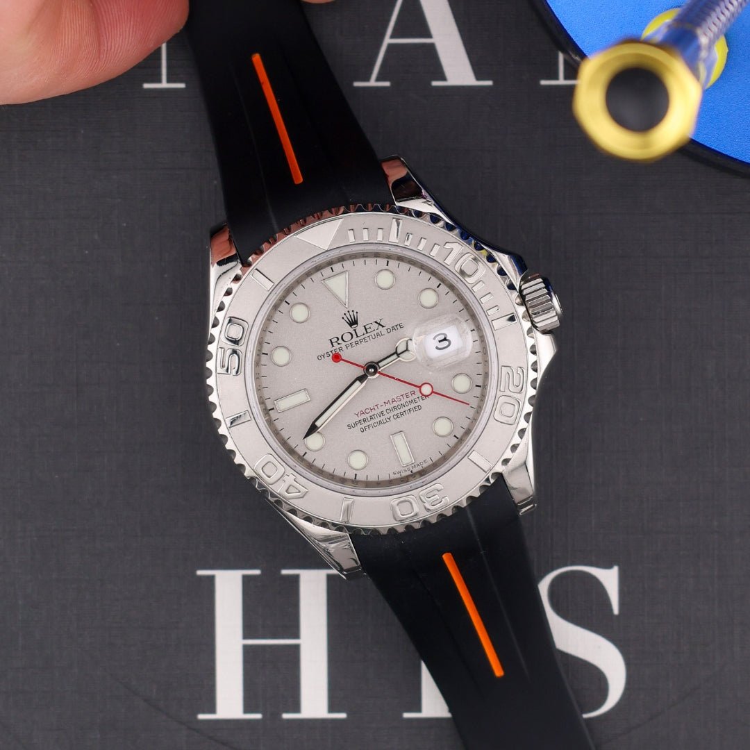 Deployant Rubber Strap - For Rolex Yacht - Master 40mm/42mm - Black w/Orange Line | LuxLine® - Helvetus