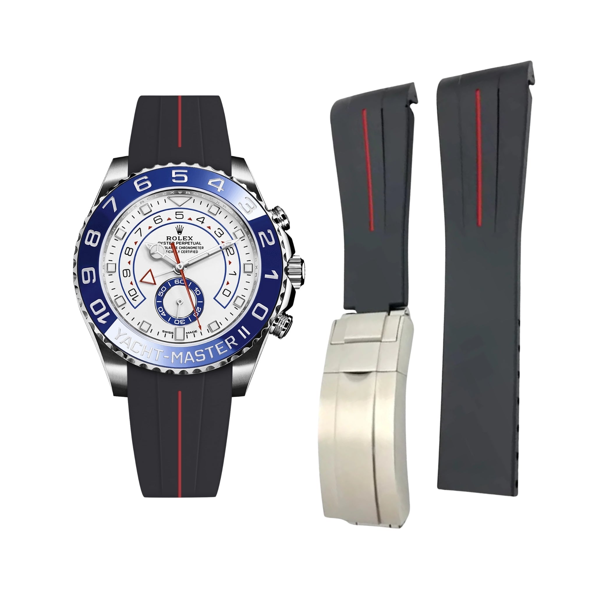 Deployant Rubber Strap - For Rolex Yacht - Master II 44mm - Black w/Red Line | LuxLine® - Helvetus