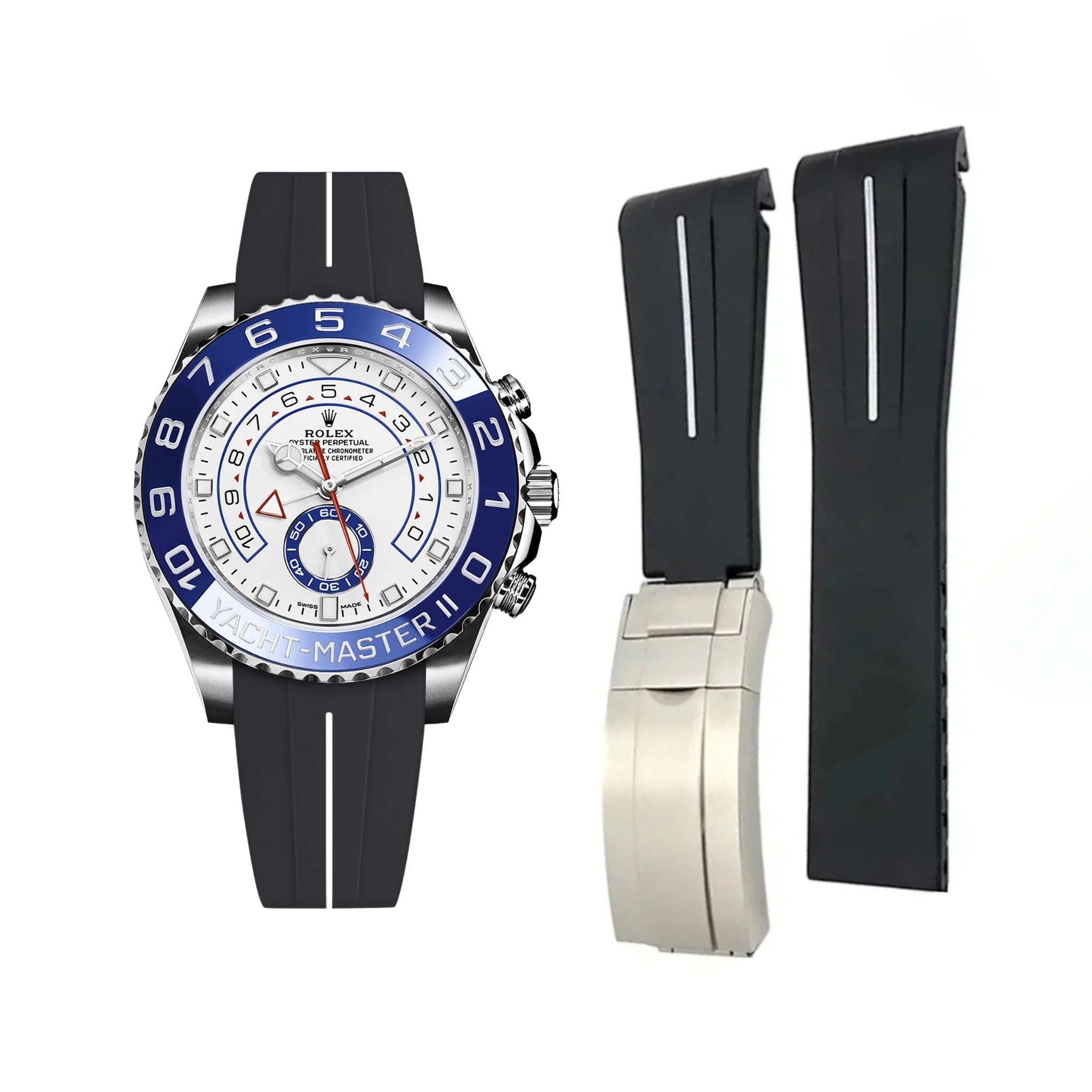 Deployant Rubber Strap - For Rolex Yacht - Master II 44mm - Black w/White Line | LuxLine® - Helvetus