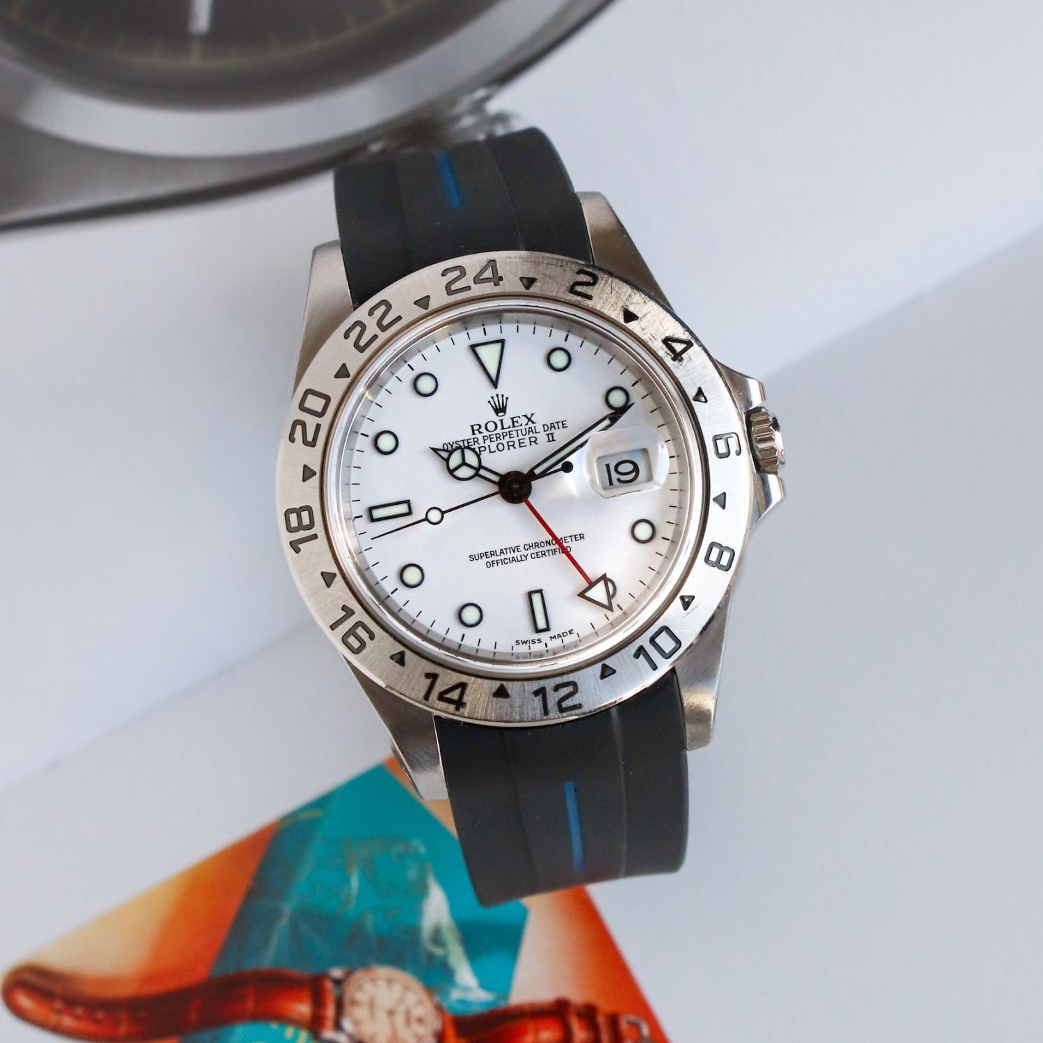 Deployant Strap - For Rolex Explorer II - Black w/Blue Line | LuxLine® - Helvetus