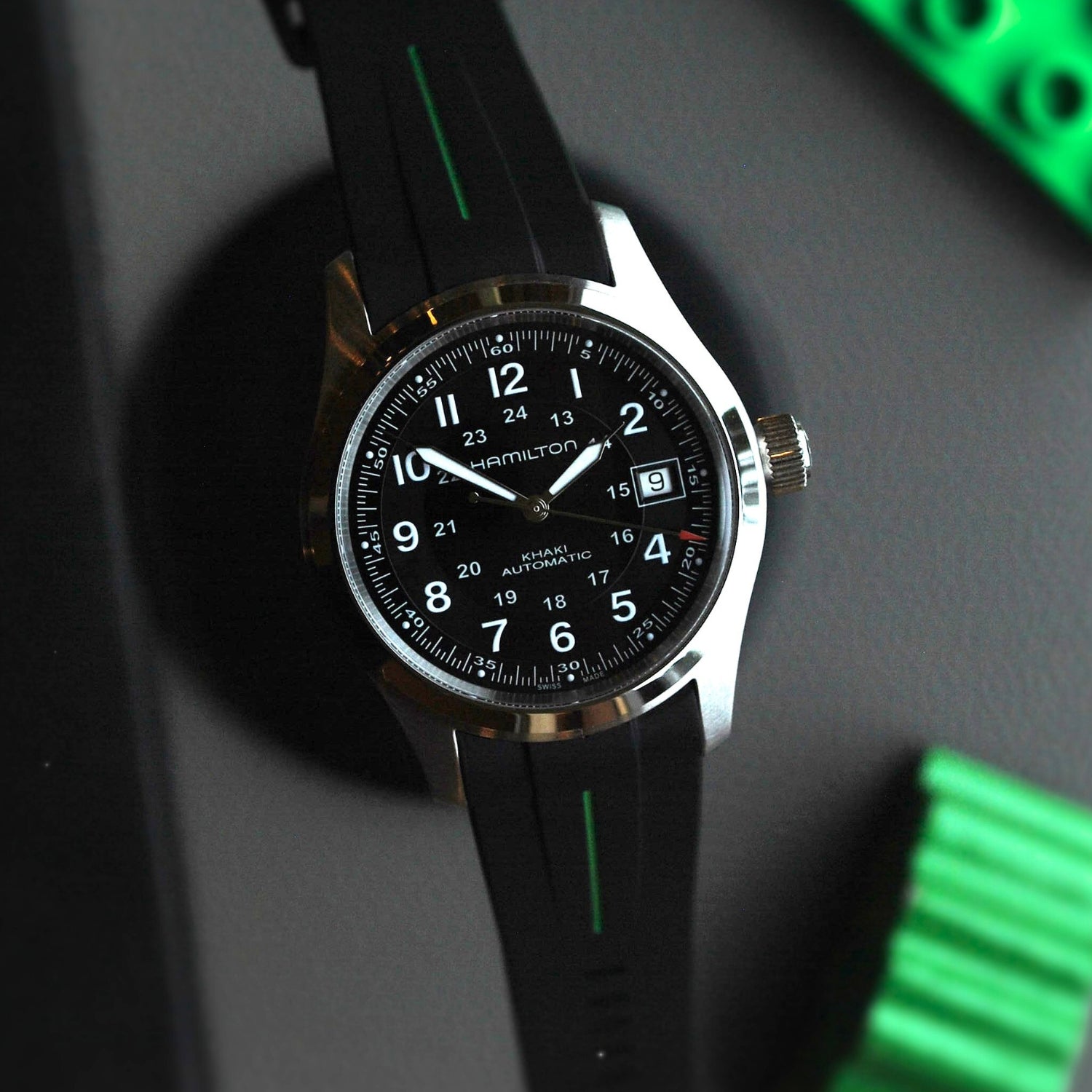 Rubber Strap – For Hamilton Khaki Field (38mm/40mm/42mm) - Black with Green LuxLine® - Helvetus
