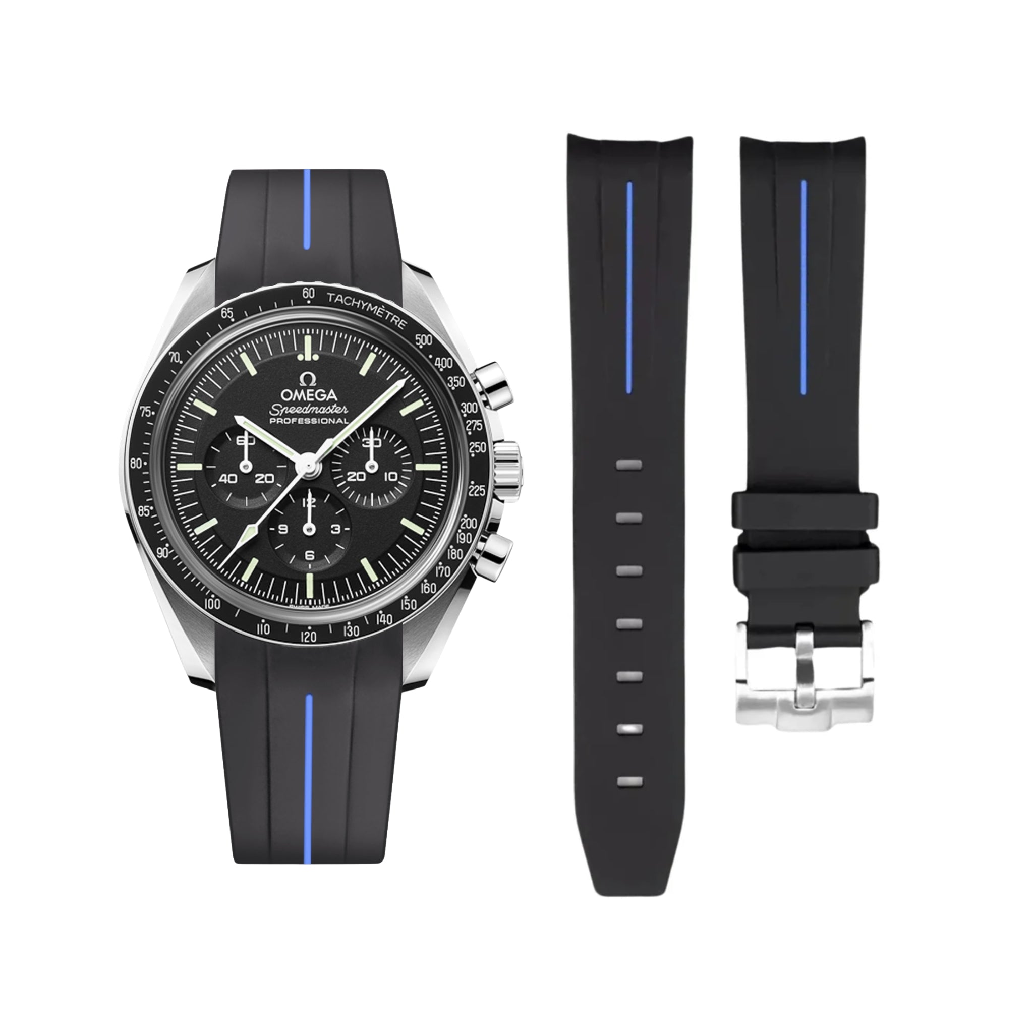 Rubber Strap - For Omega Speedmaster - Black w/Blue Line | LuxLine® - Helvetus