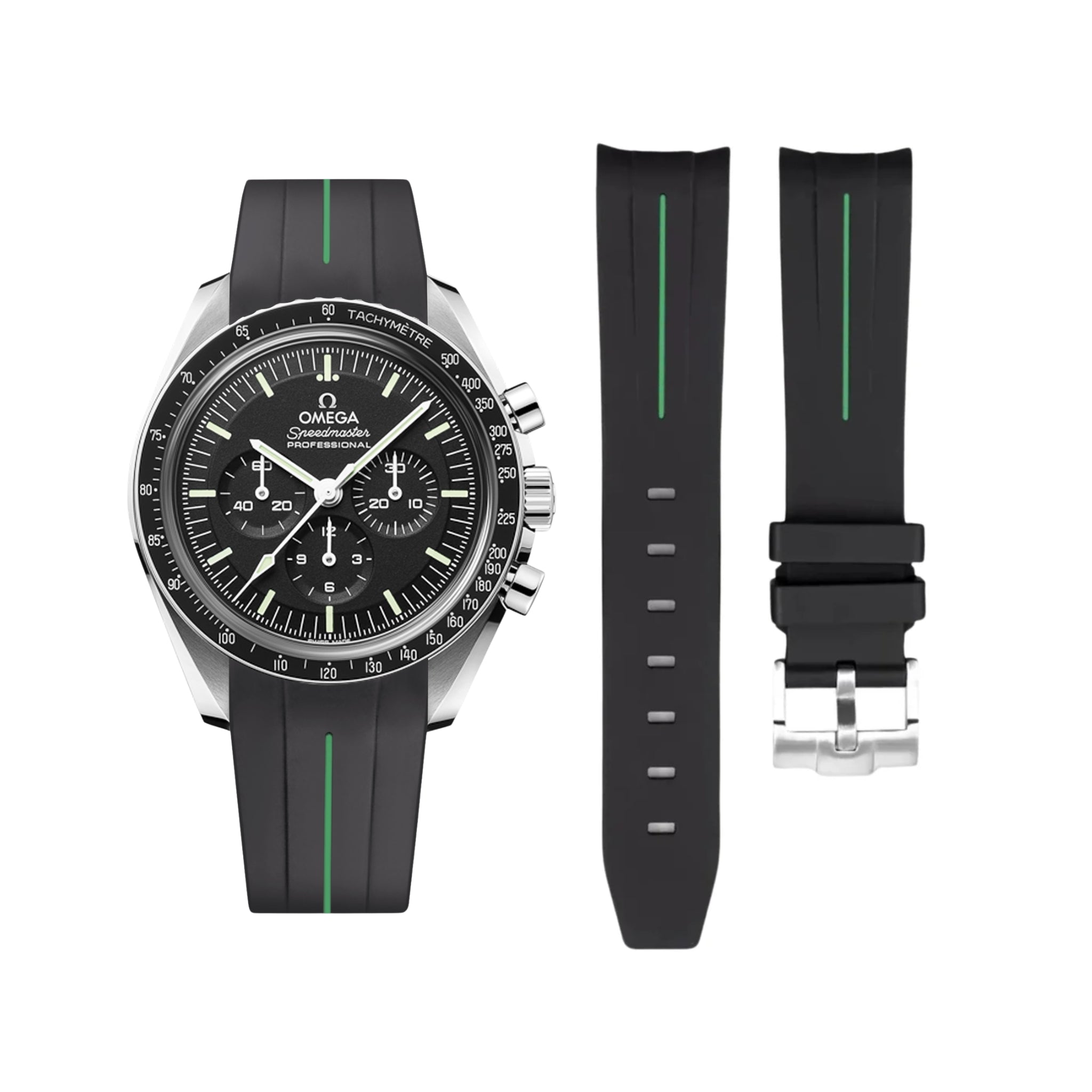 Rubber Strap - For Omega Speedmaster - Black w/Green Line | LuxLine® - Helvetus