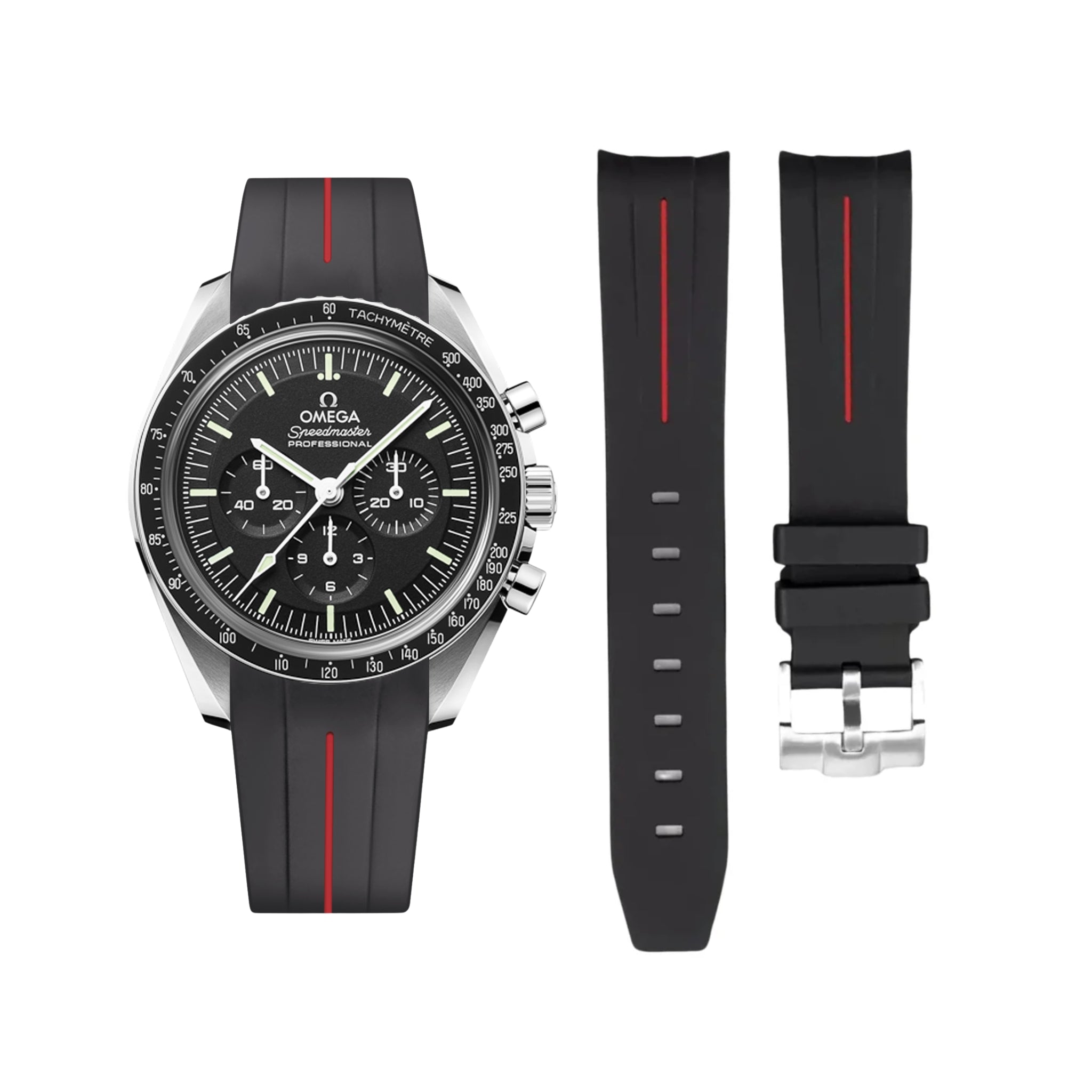 Rubber Strap - For Omega Speedmaster - Black w/Red Line | LuxLine® - Helvetus