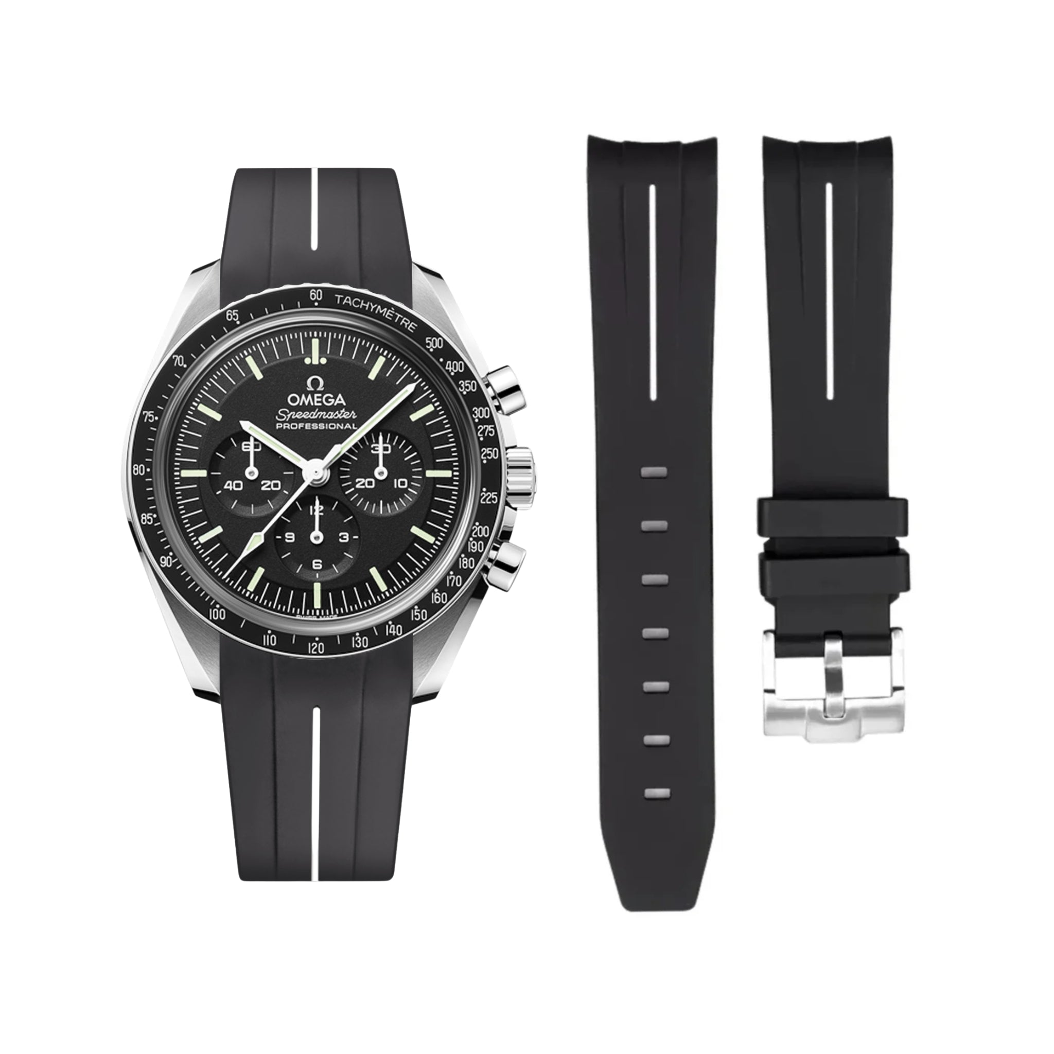 Rubber Strap - For Omega Speedmaster - Black w/White Line | LuxLine® - Helvetus
