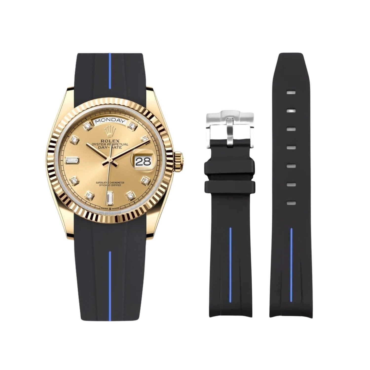 Rubber Strap - For Rolex Day - Date 36mm - Black w/Blue Line | LuxLine® - Helvetus
