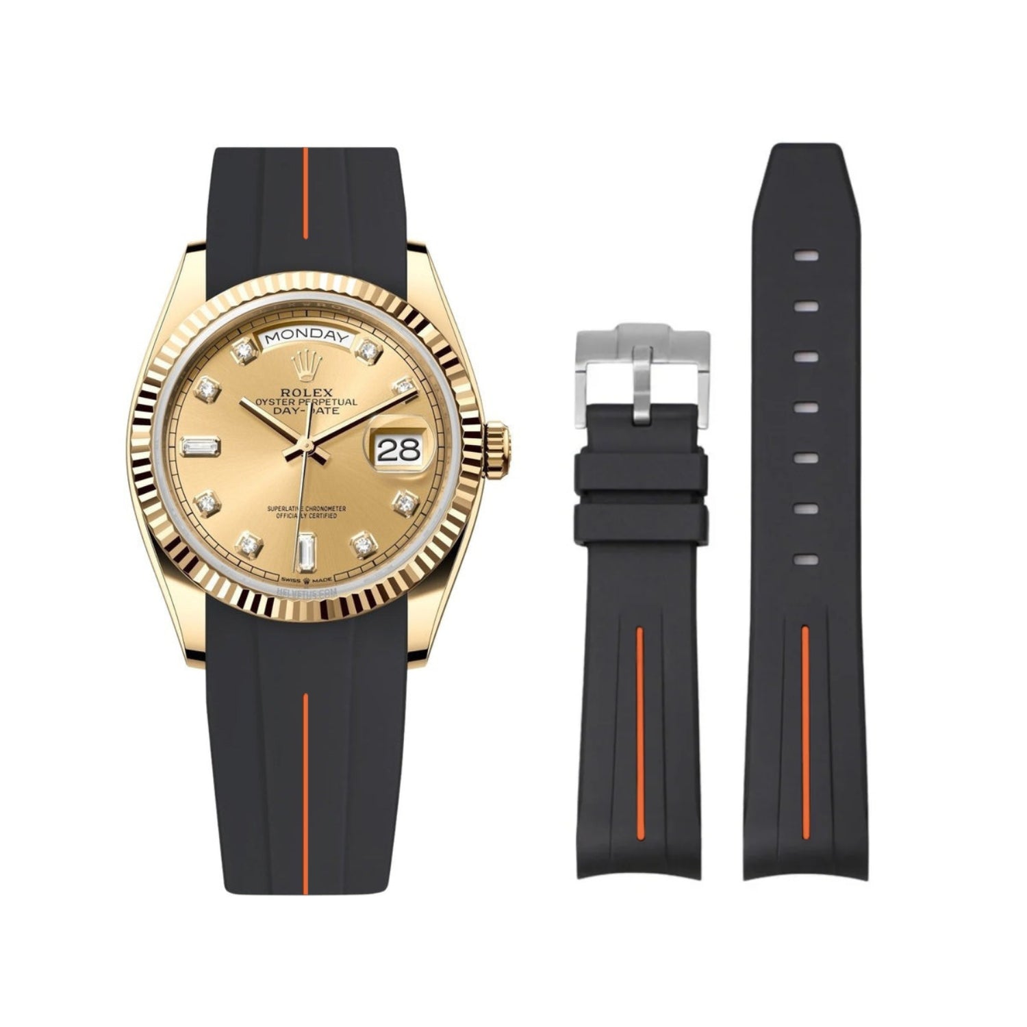 Rubber Strap - For Rolex Day - Date 40 - Black w/Orange Line | LuxLine® - Helvetus