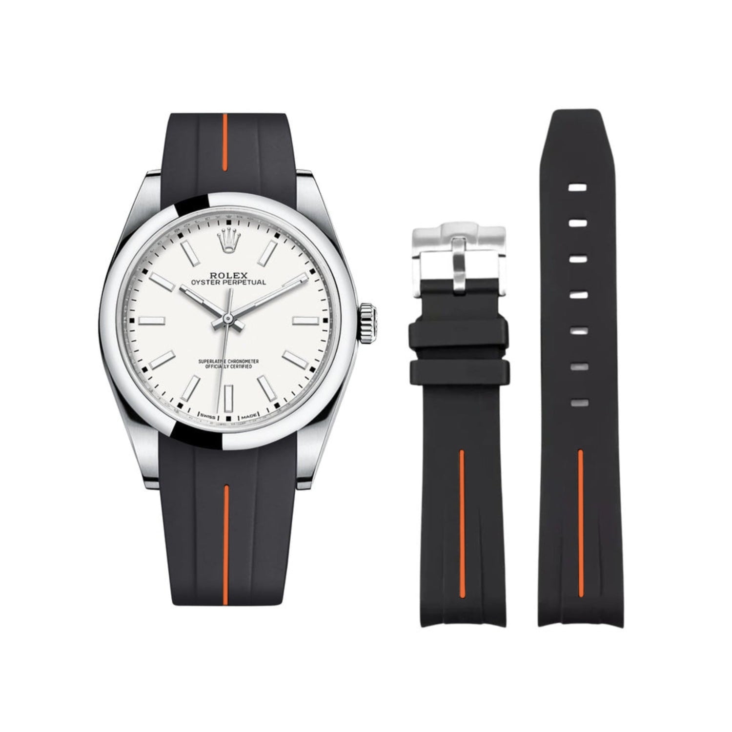 Rubber Strap - For Rolex Oyster Perpetual 39mm - Black w/Orange Line | LuxLine® - Helvetus