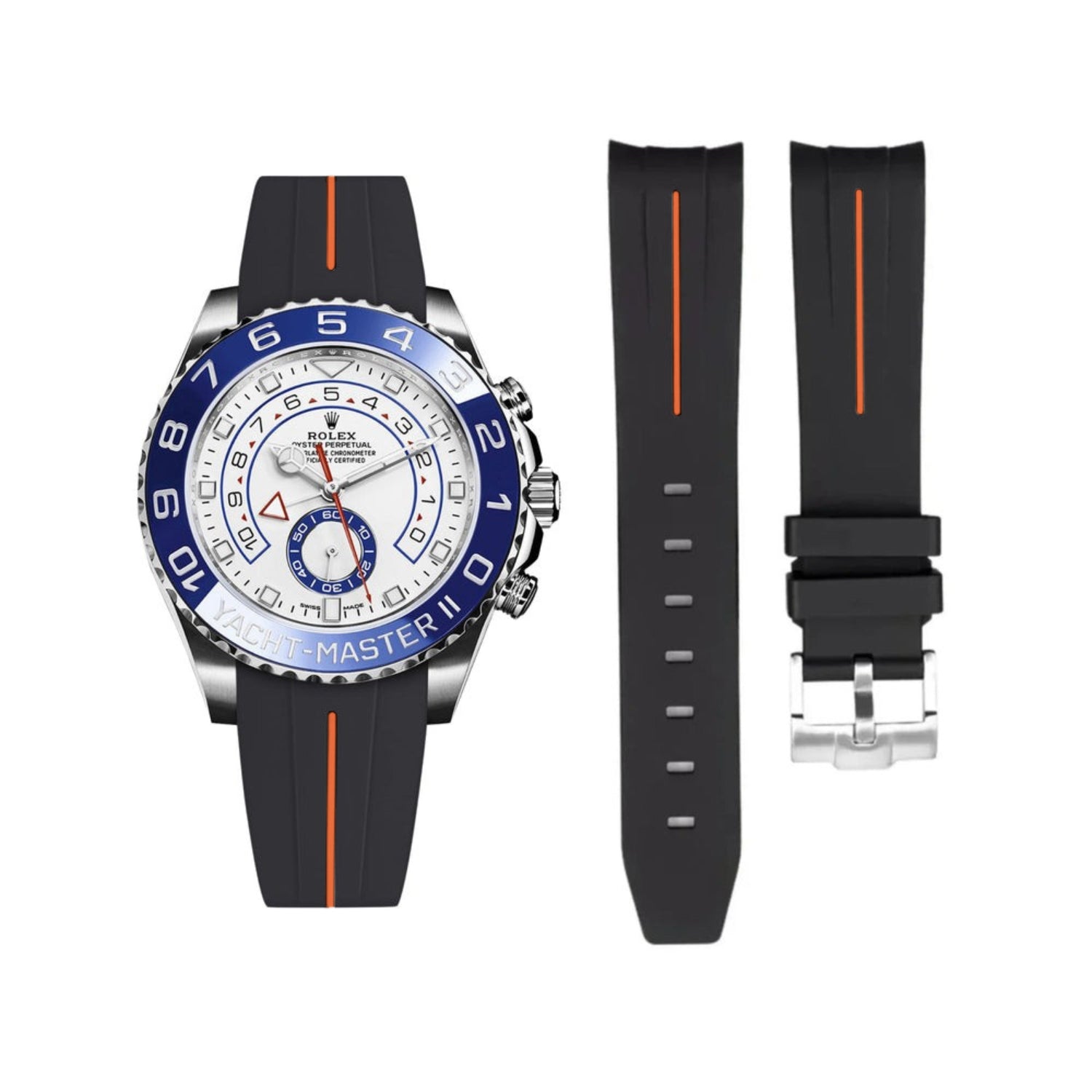 Rubber Strap - For Rolex Yacht - Master II 44mm - Black w/Orange Line | LuxLine® - Helvetus